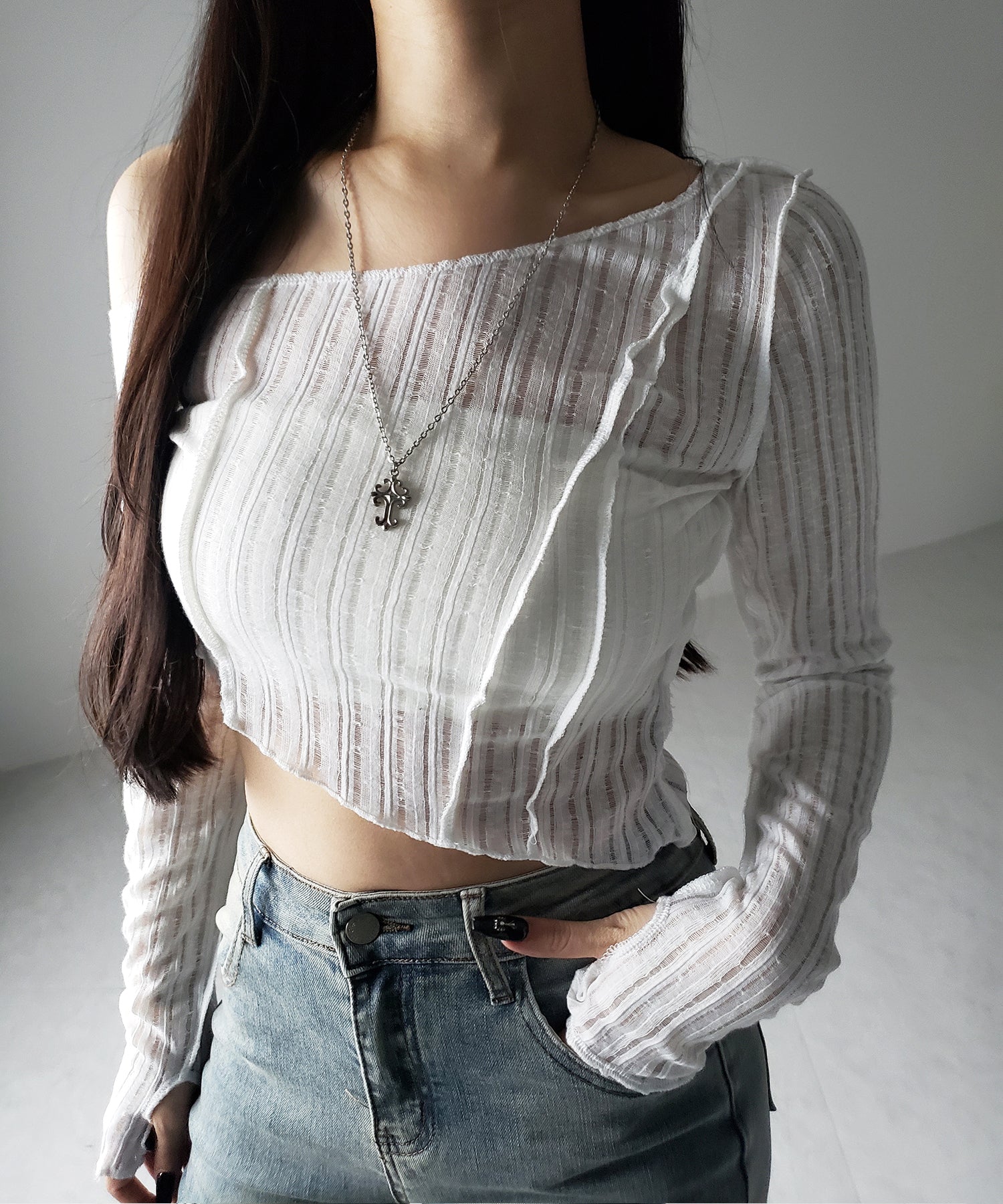 アウトステッチワンショルシアーリブカットソートップス / outstitch one shoulder sheer rib cutsew tops