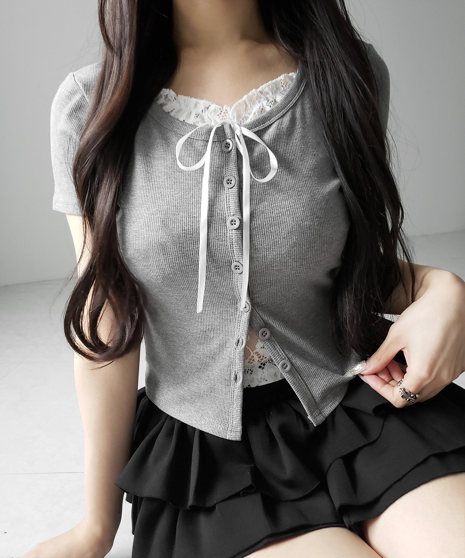 フロントリボンレースレイヤード半袖リブトップス /front ribbon lace layered short sleeve rib tops