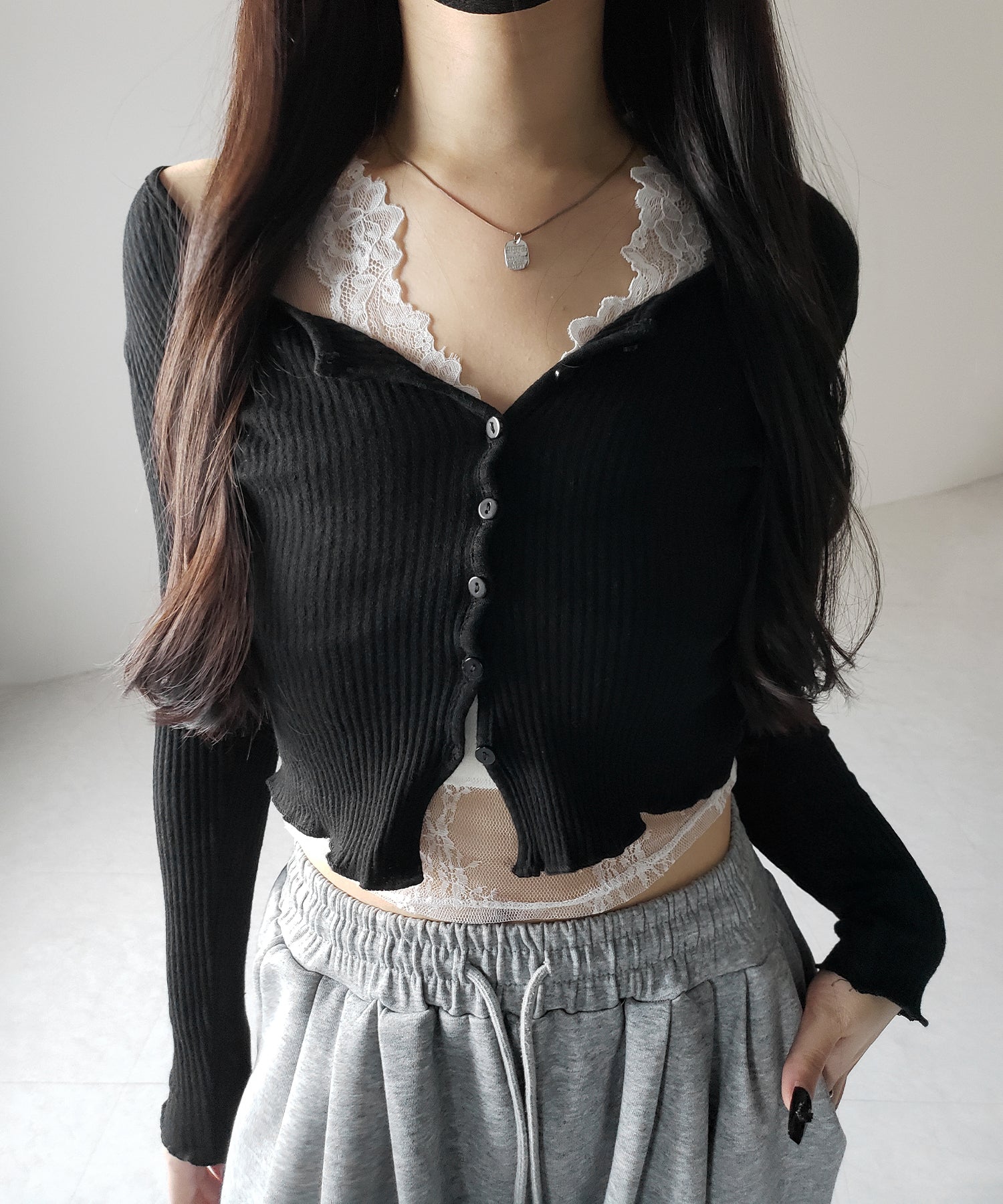 【 2点セット 】レイヤードレースシアーリブカットソーカーディガン / layered lace sheer rib cut and sew cardigan