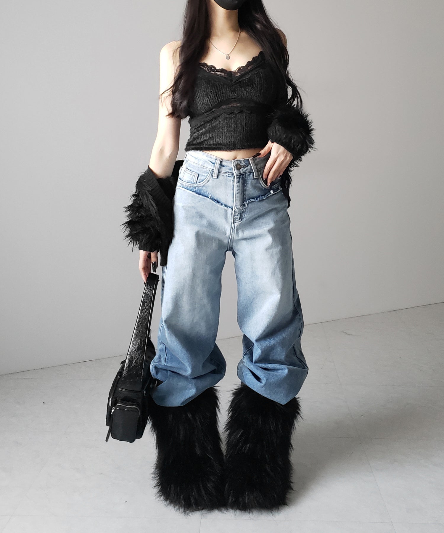 【 カップ付き 】ダブルレースシャギーファーショートビスチェキャミソール / double lace shaggy fur short bustier camisole