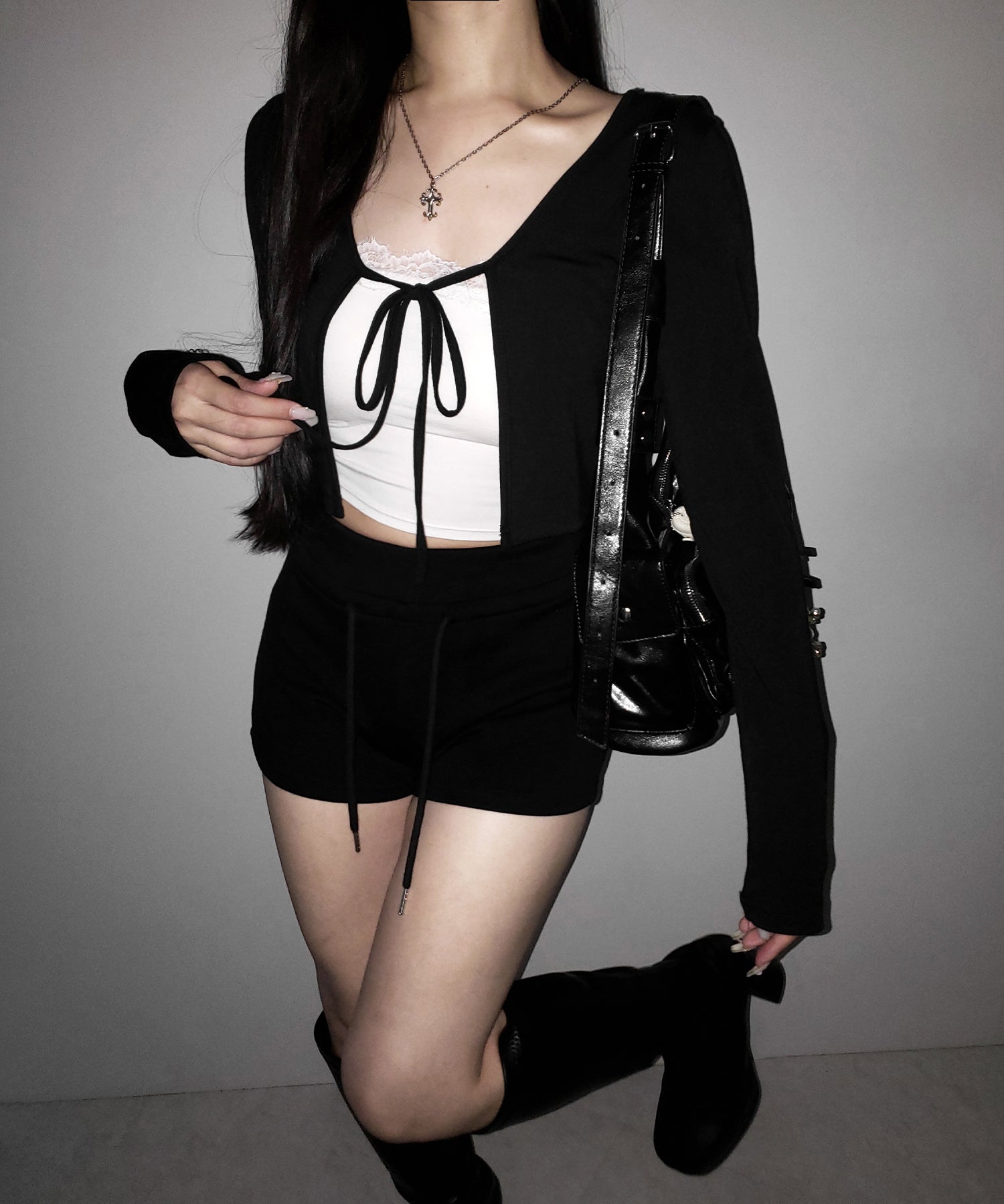 【 2color 】フロントリボンカットソーショートカーディガン / front ribbon cutsew short cardigan