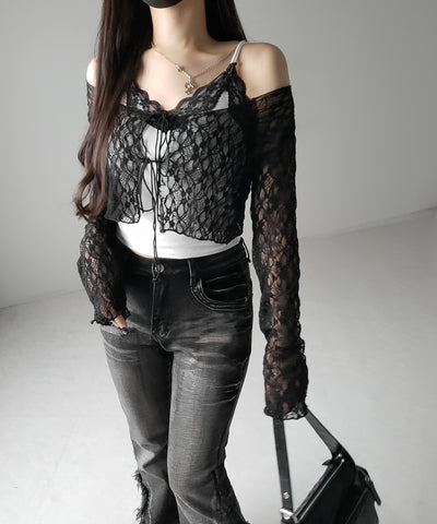 ダブルストラップリボンショートレースカーディガン /double strap ribbon short lace cardigan