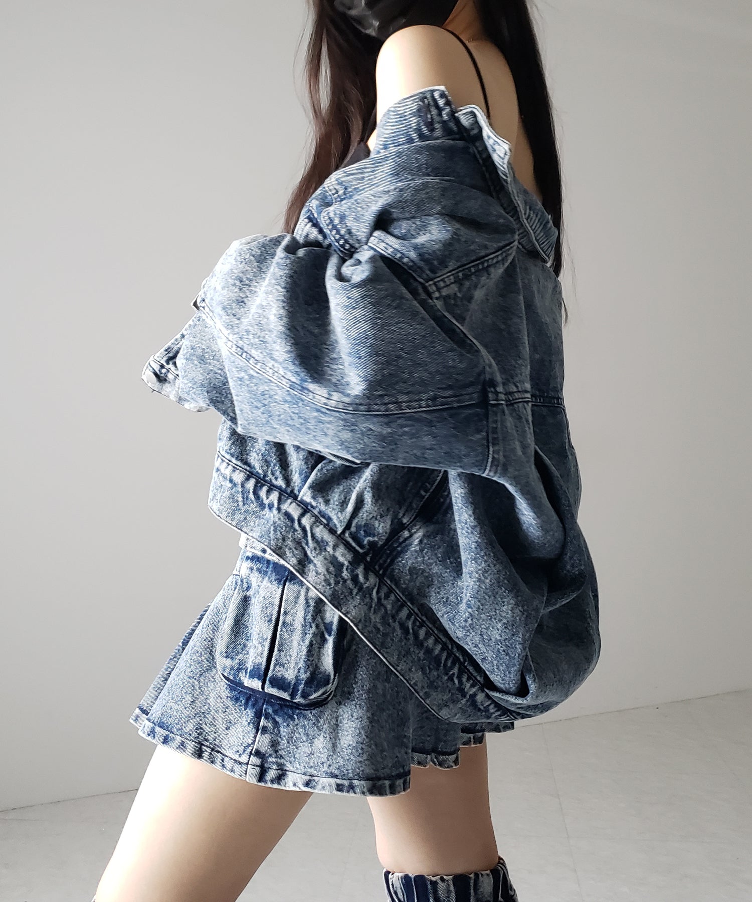【 セットアップ着用可能 】ヴィンテージケミカルブリーチプリーツデニムミニスカート / vintage bleached pleated denim mini skirt