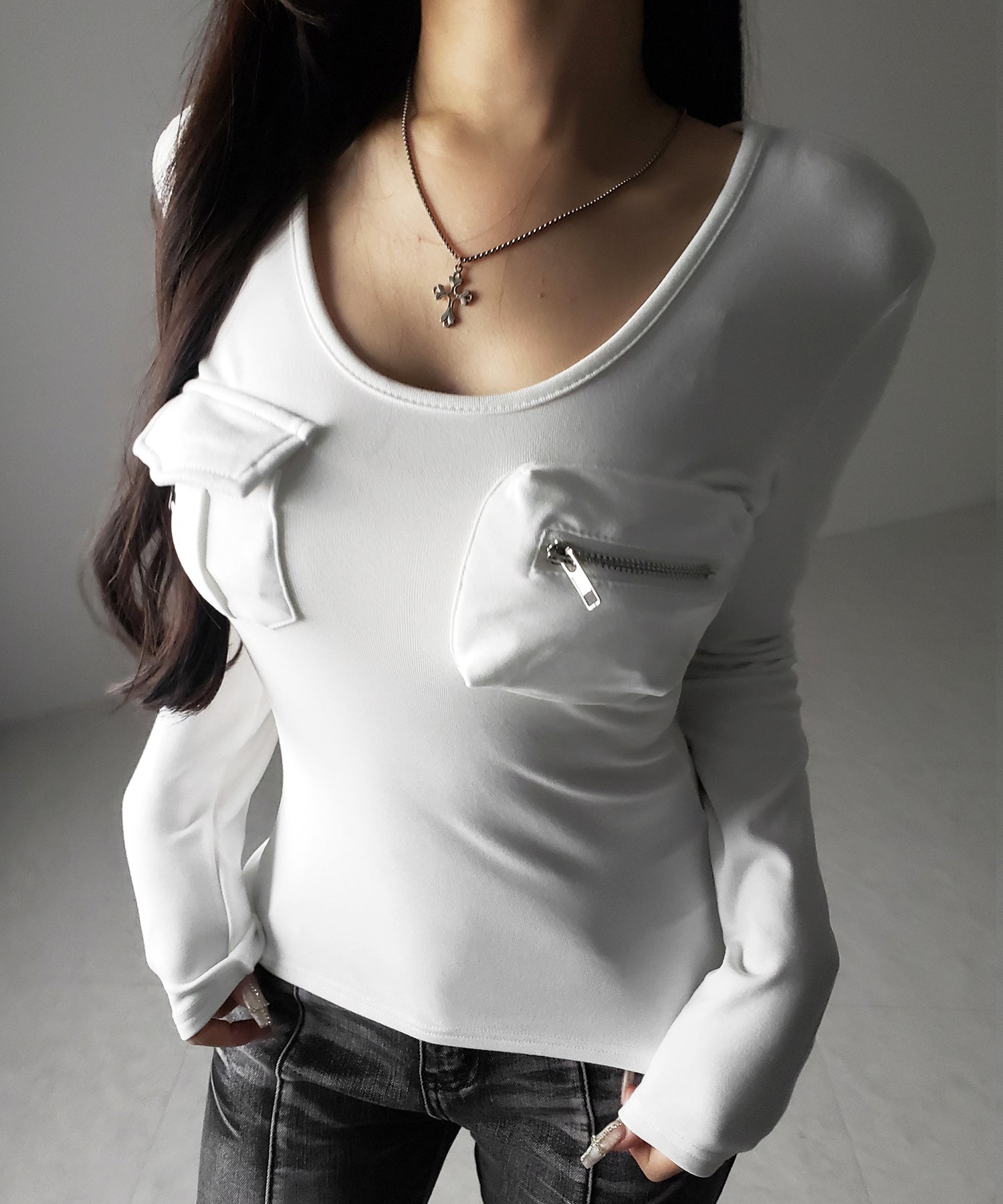 【 裏起毛 】アウトポケットオープンネックスリムトップス / out pocket open neck slim tops