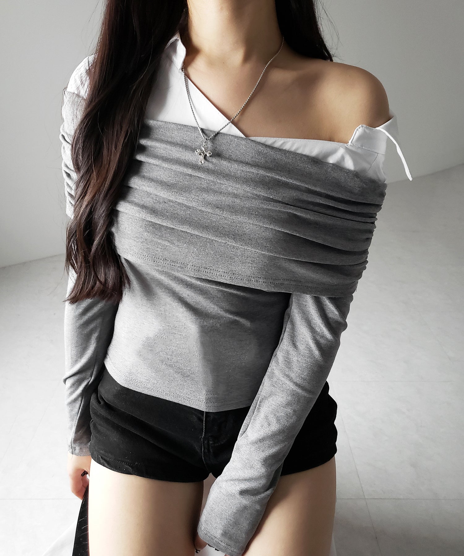 【 2color 】シャツドッキングワイドオフショルトップス / shirt docking wide off shoulder tops