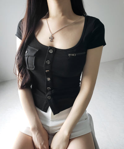 アウトポケットスクエアネックスリムTシャツ /Out pocket square neck slim T-shirt