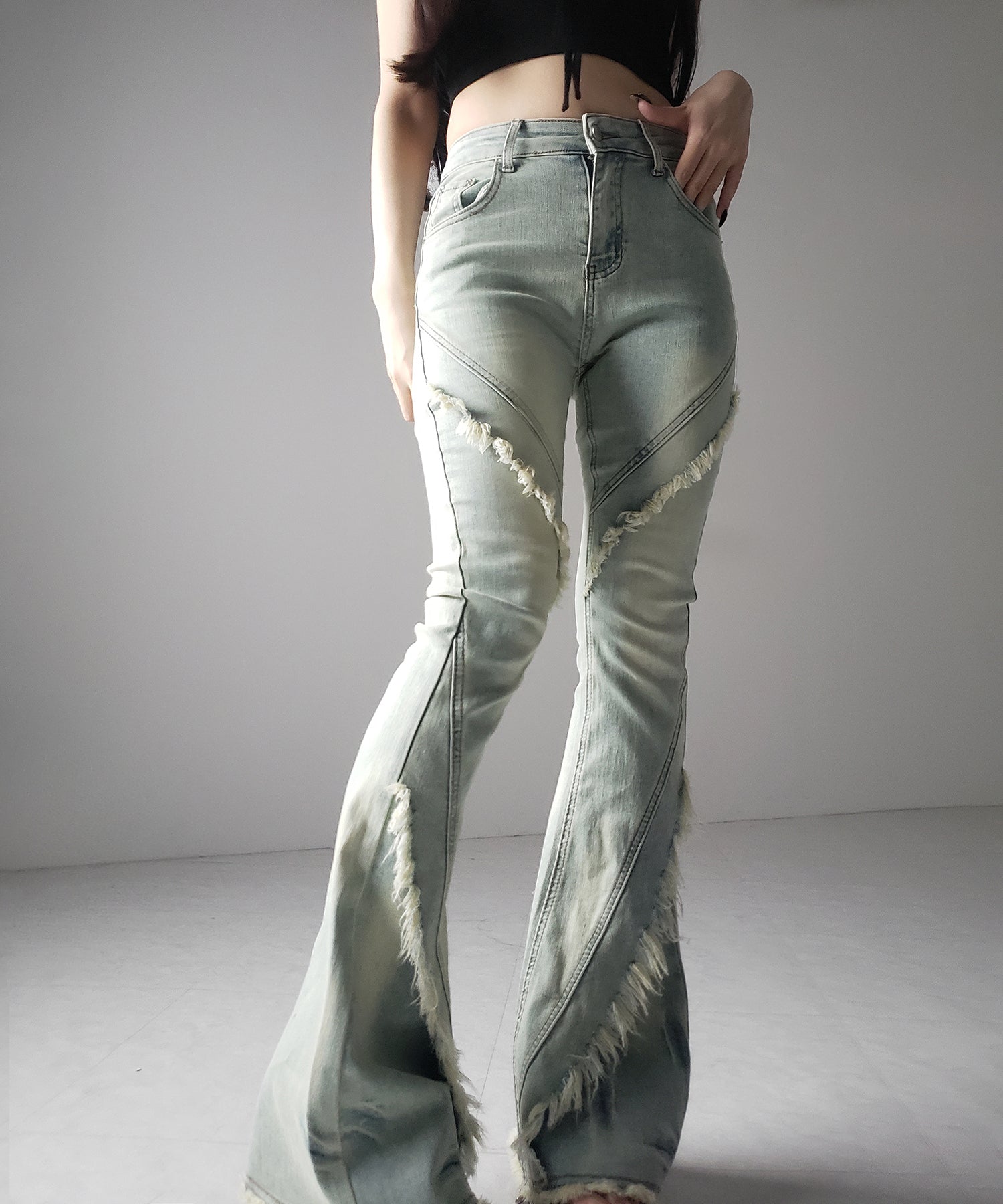 【 2color / 4size 】フリンジデザインヴィンテージライクストレッチフレアデニム / fringe design vintage-like stretch flare denim