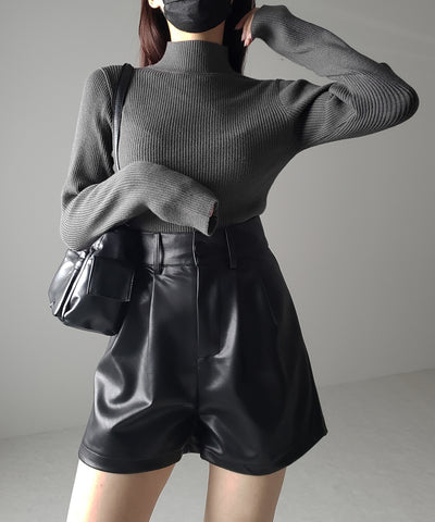 【 3color / 5size 】太ベルトハイウエストタックレザーショートパンツ