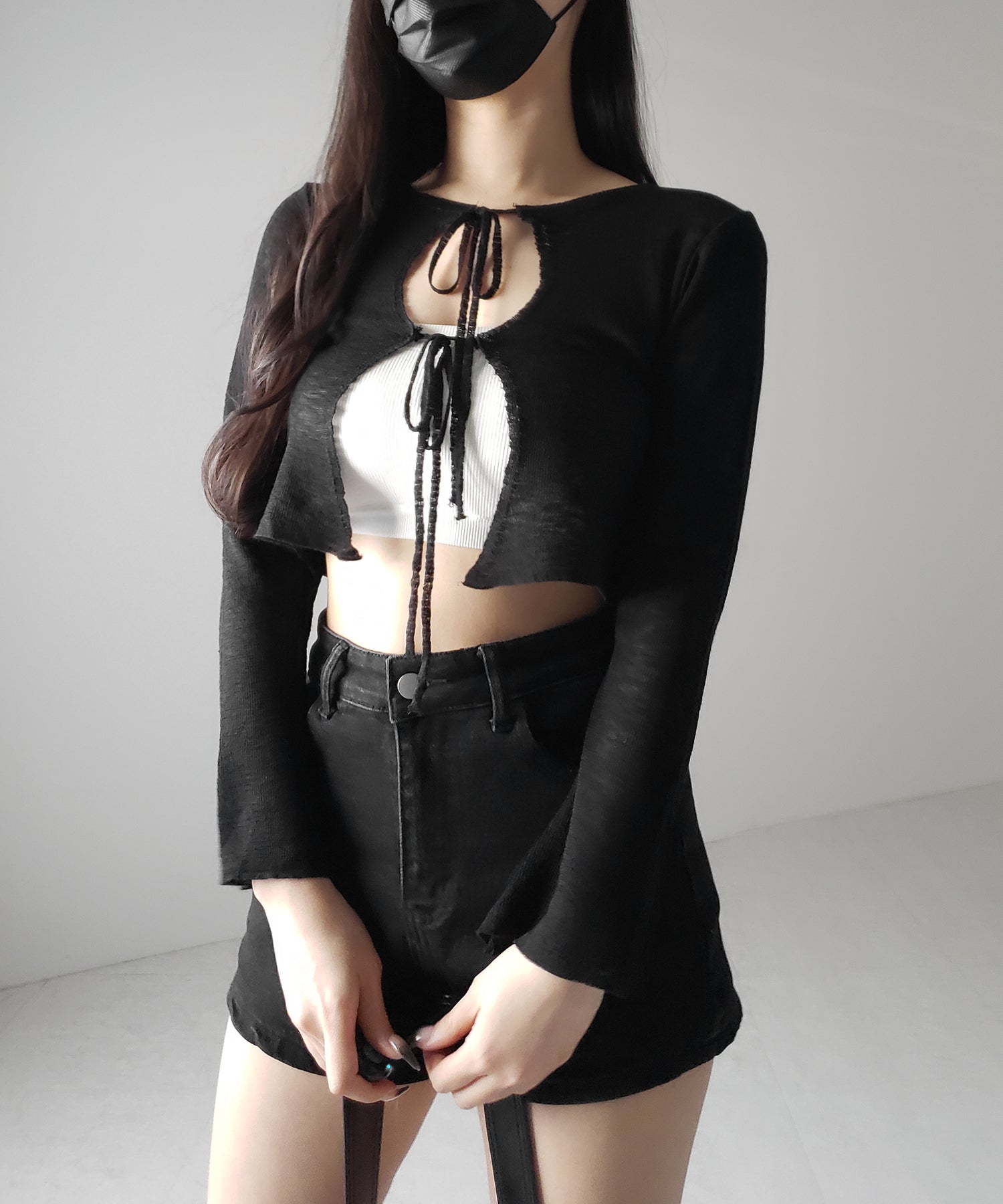 ダブルリボンシアーニットショートカーディガン / double ribbon sheer knit short cardigan