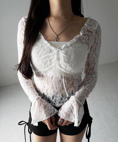 【2WAY 】フロントリボンオフショルスリムレーストップス / front ribbon off-shoulder slim lace tops