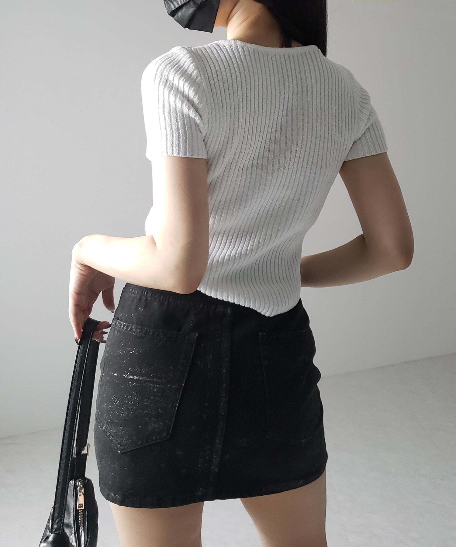 半袖クロスラインストラップデザインリブニット