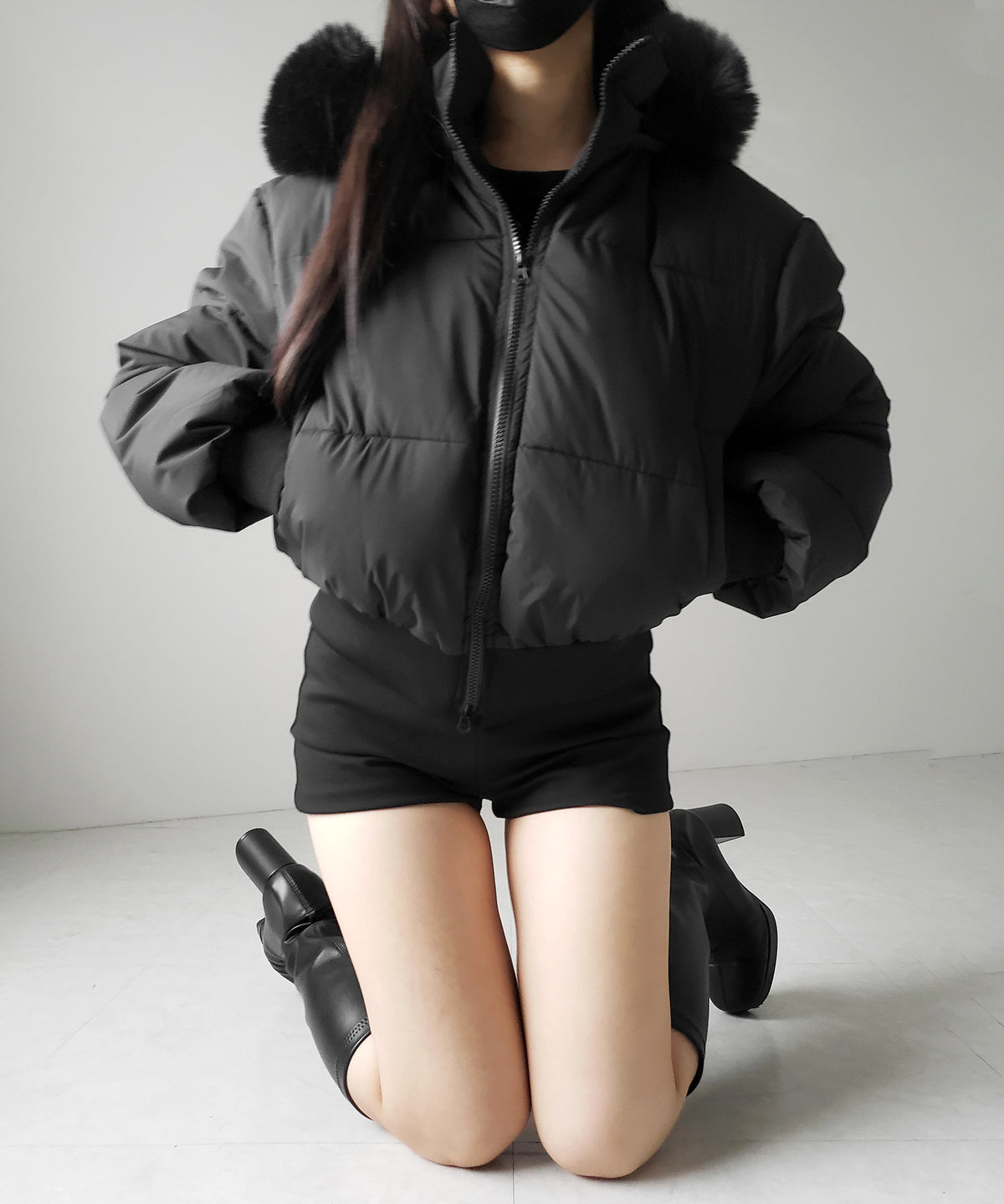 【 フード取り外し可能2WAY 】フェイクファーフードショート中綿ジャケット / 2WAY fake fur hoodie short fake down jacket