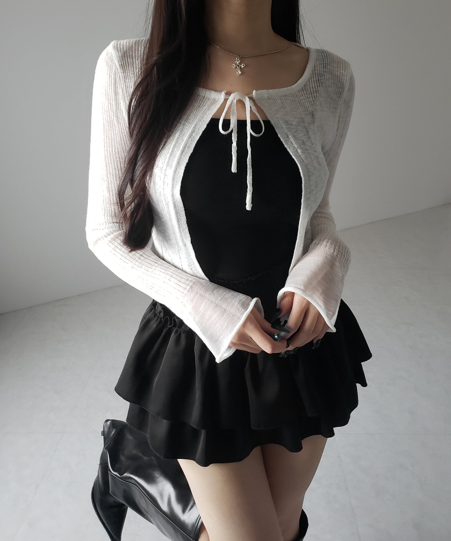 【 2color 】フロントリボンシアーニットショートカーディガン / front ribbon sheer knit short cardigan