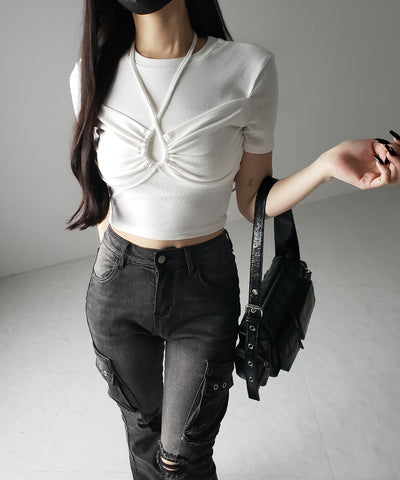 クロスネックレイヤードシャーリングTシャツ / cross neck layered shirring T-shirt