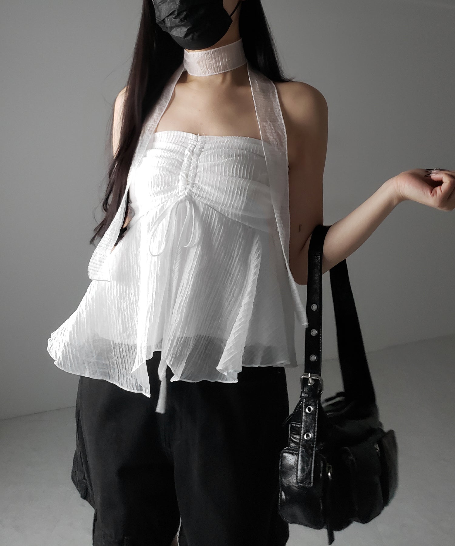 【 チョーカータイ付 】シャーリングリボンペプラムシフォンビスチェトップス / choker tie set shirring ribbon peplum chiffon bustier tops