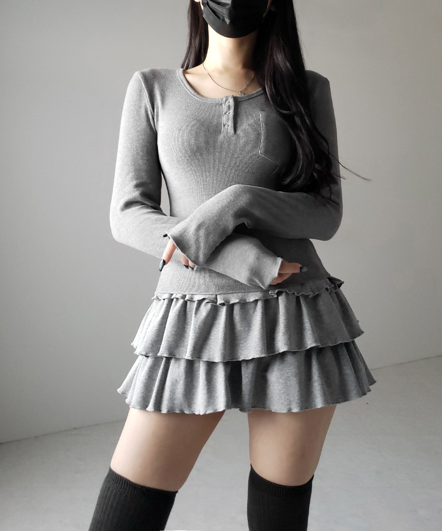 【 新色ピンク追加!4color 】3段フリルカットソーミニスカパン / 3 frill cutsew mini skirt pants