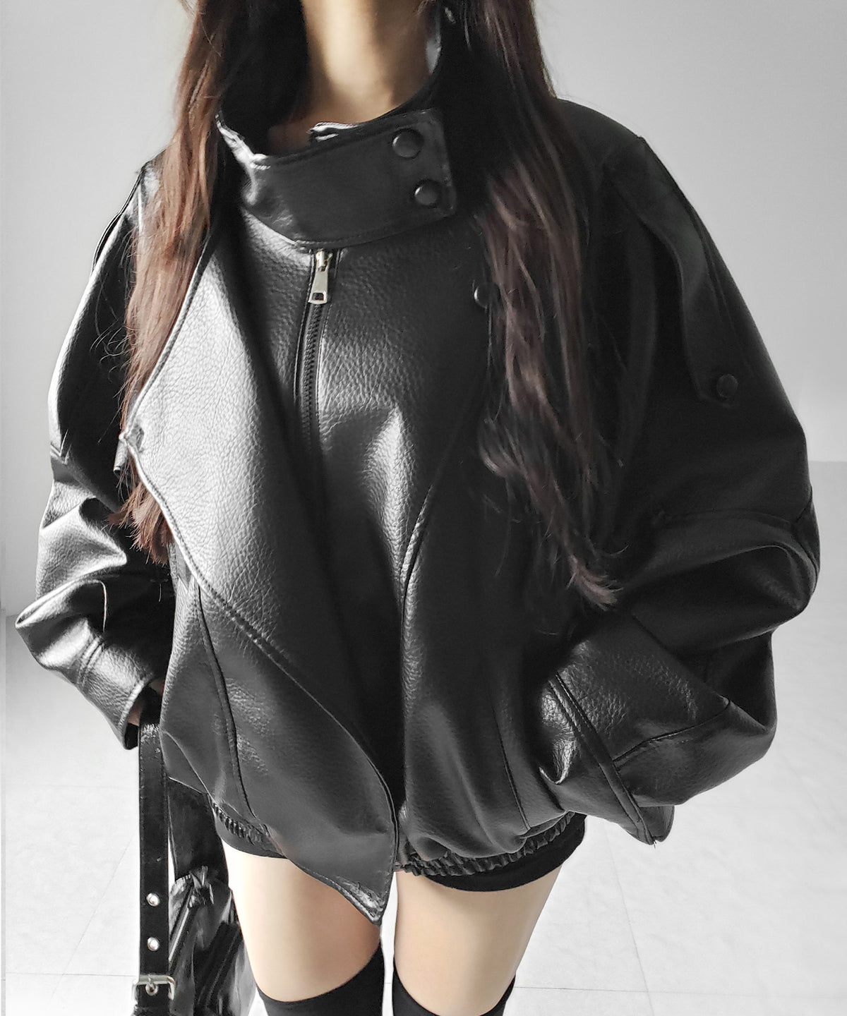 ヴィンテージフェイクレザースタンドカラージップアップブルゾン / 2WAY vintage fake leather stand collar zipup blouson