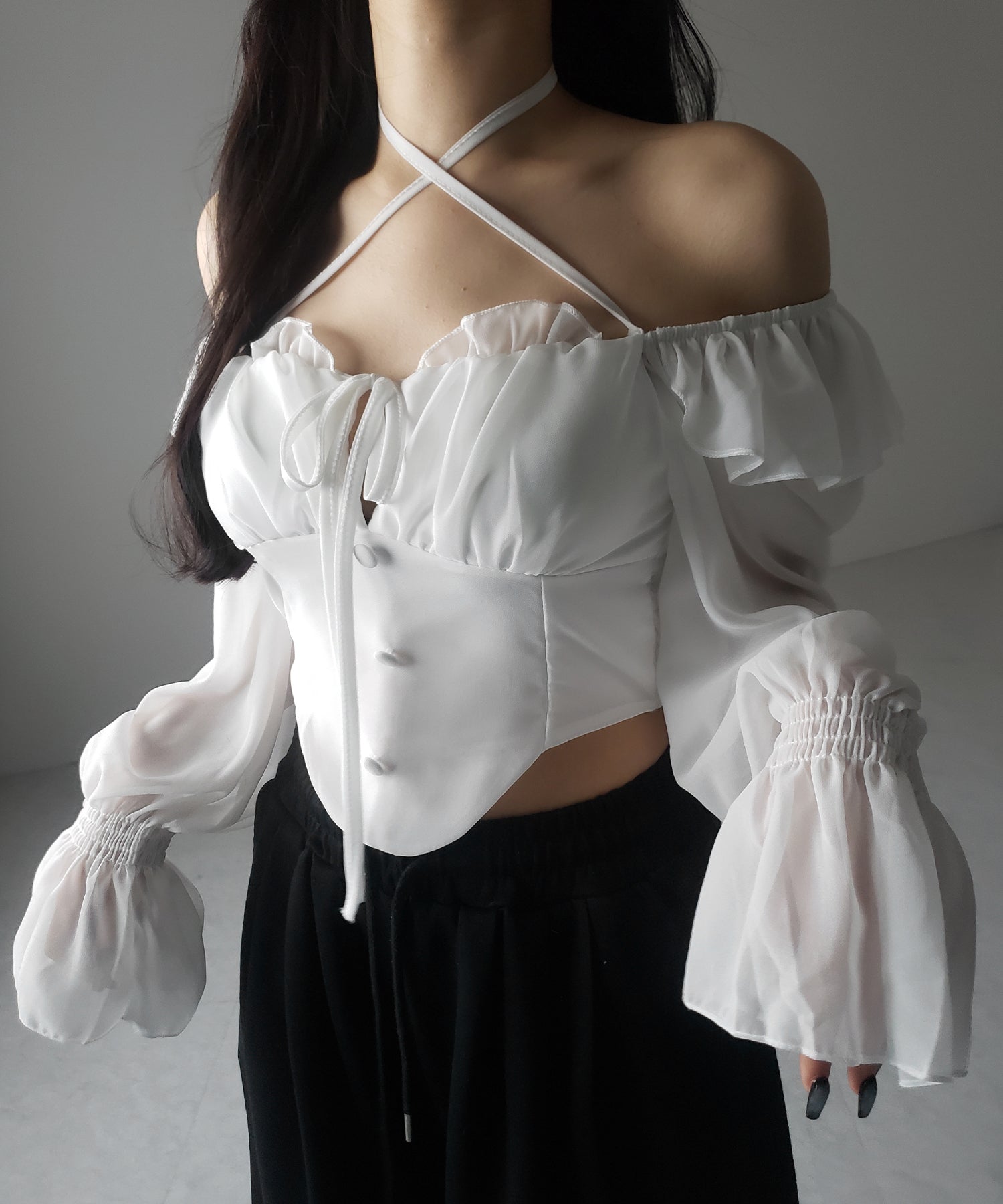 【 2WAY 】フロントリボンクロスネックオフショルシフォンブラウス / front ribbon cross neck off-shoulder chiffon blouse