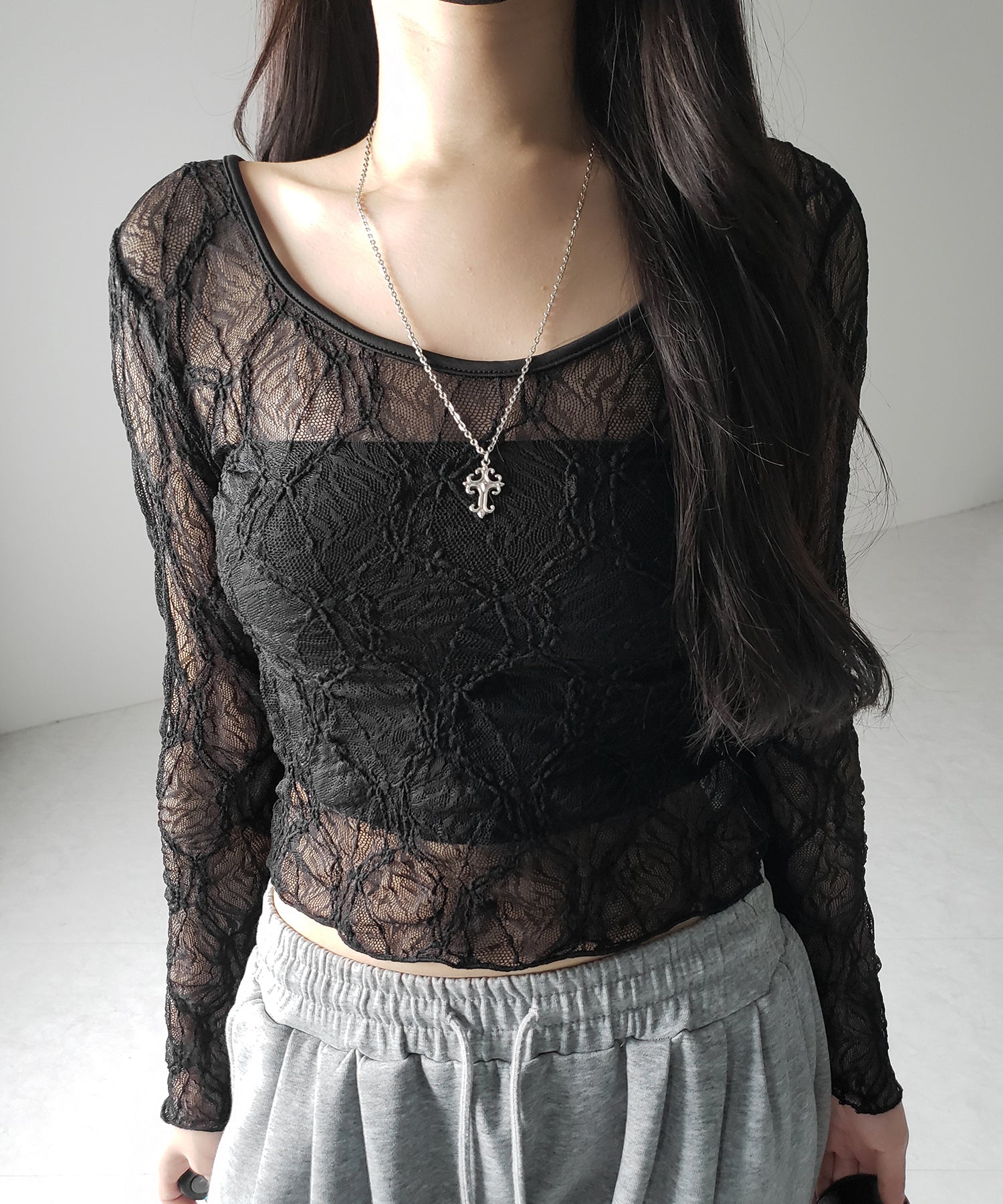 【 2color /2WAY 】ワンショルルーズシアーレーストップス / one shoulder loose sheer lace tops