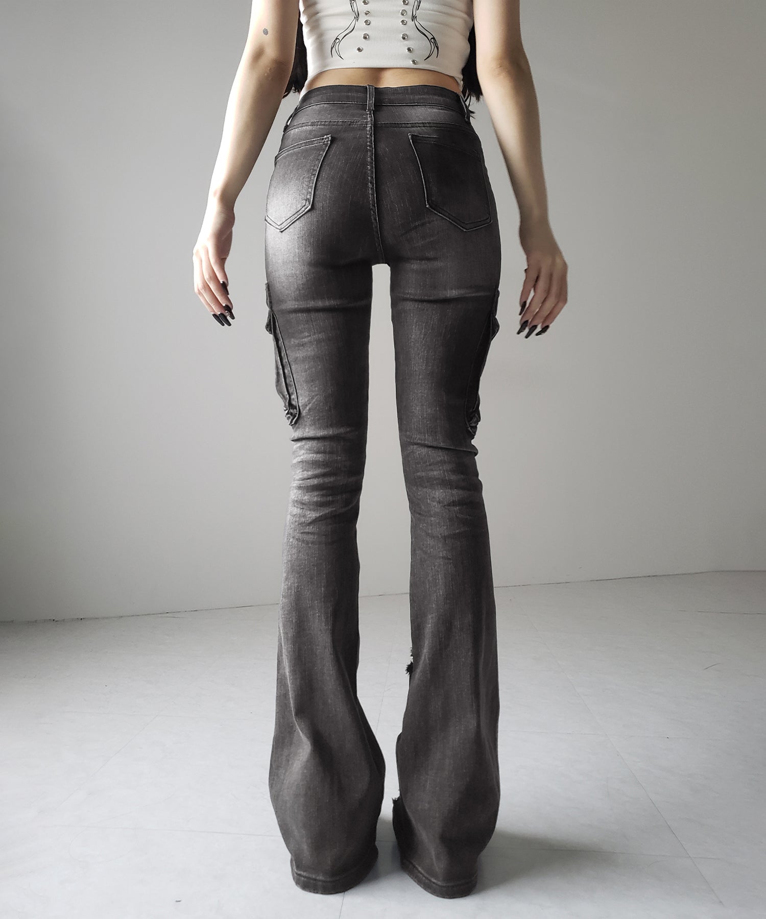 【 2color / 4size 】カーゴデザインヴィンテージライクダメージストレッチフレアデニム / cargo design vintage-like damage stretch flare denim