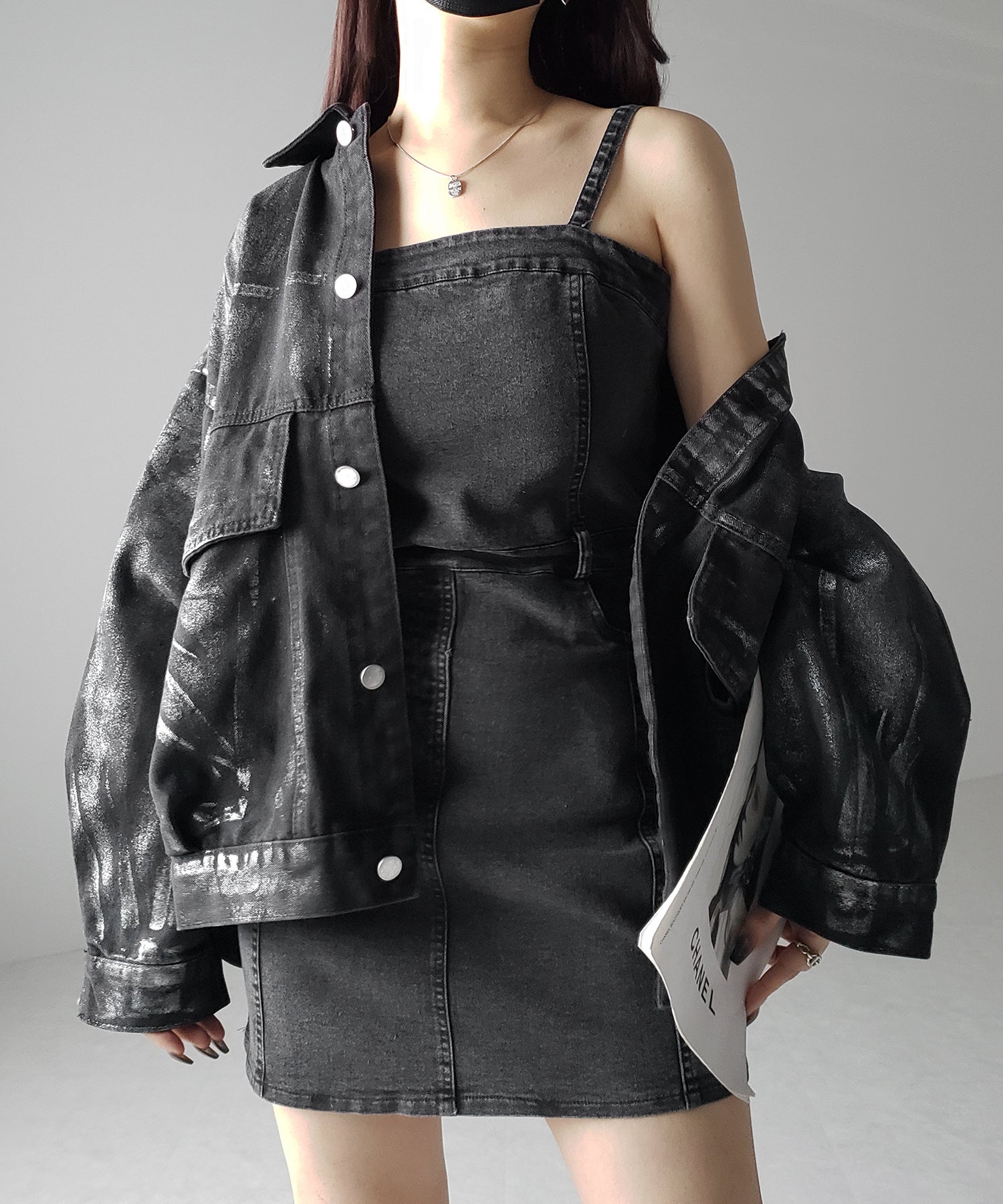【 2color 】ウォッシュデニムハイウエストミニキャミワンピース / wash denim high waist mini cami onepiece