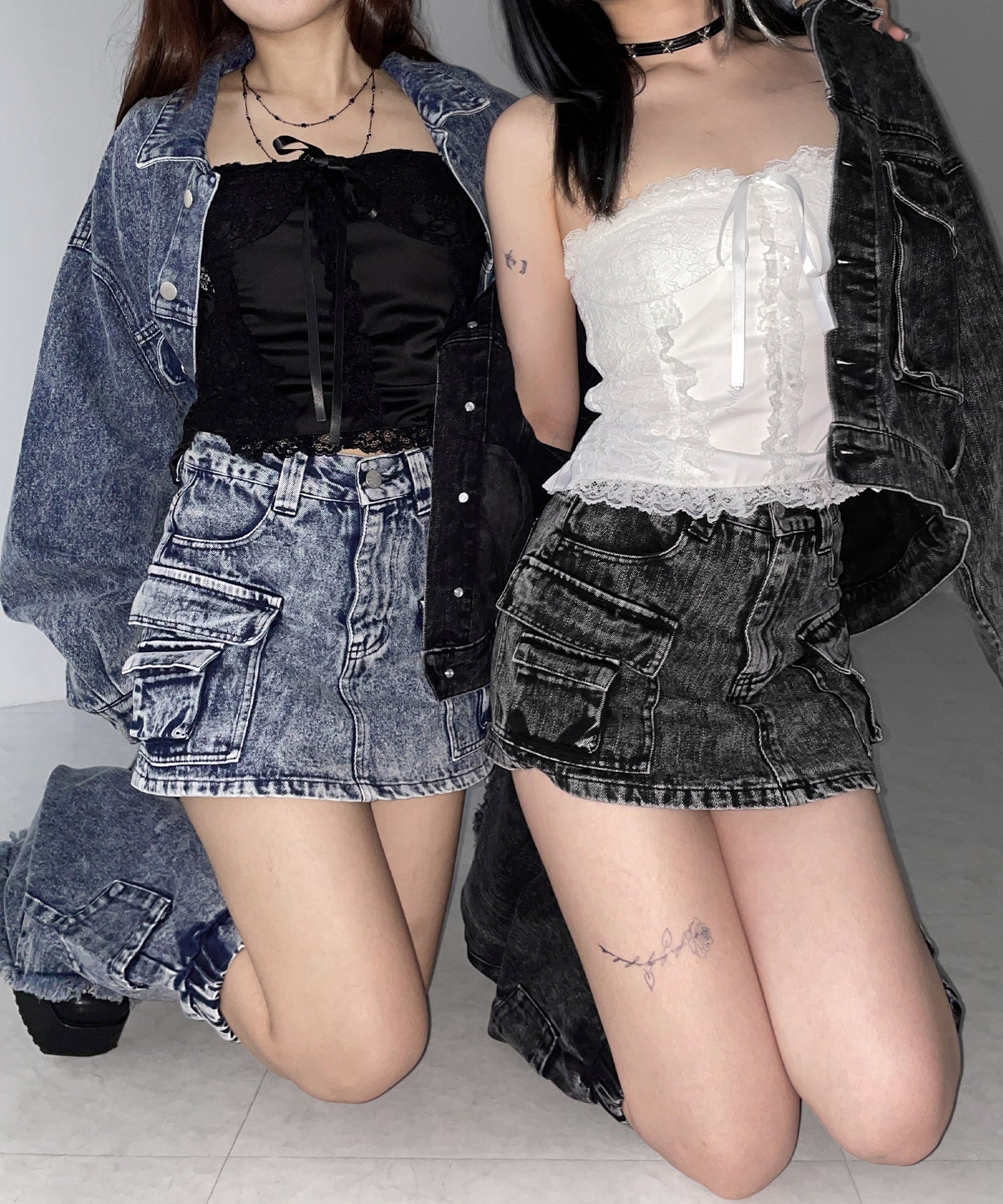 【 デニムセットアップ着用可能 】ヴィンテージケミカルブリーチカーゴデニムミニスカパン / vintage chemical bleach cargo denim mini skirt pants