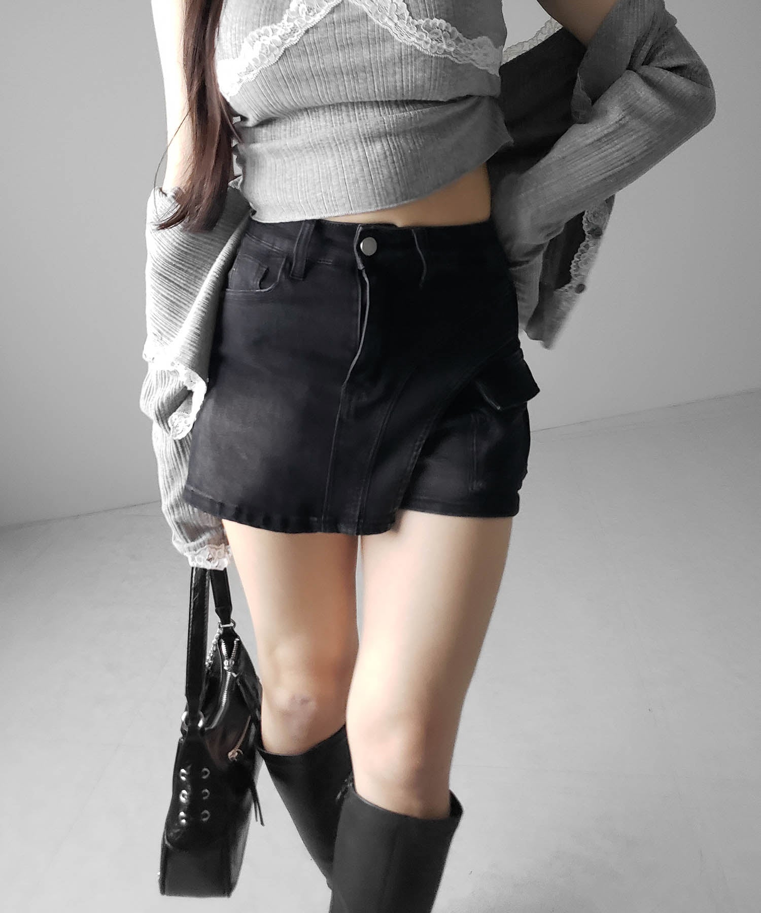 カーゴポケットレイヤードデニムミニスカパン / cargo pocket layered denim mini skirt pants