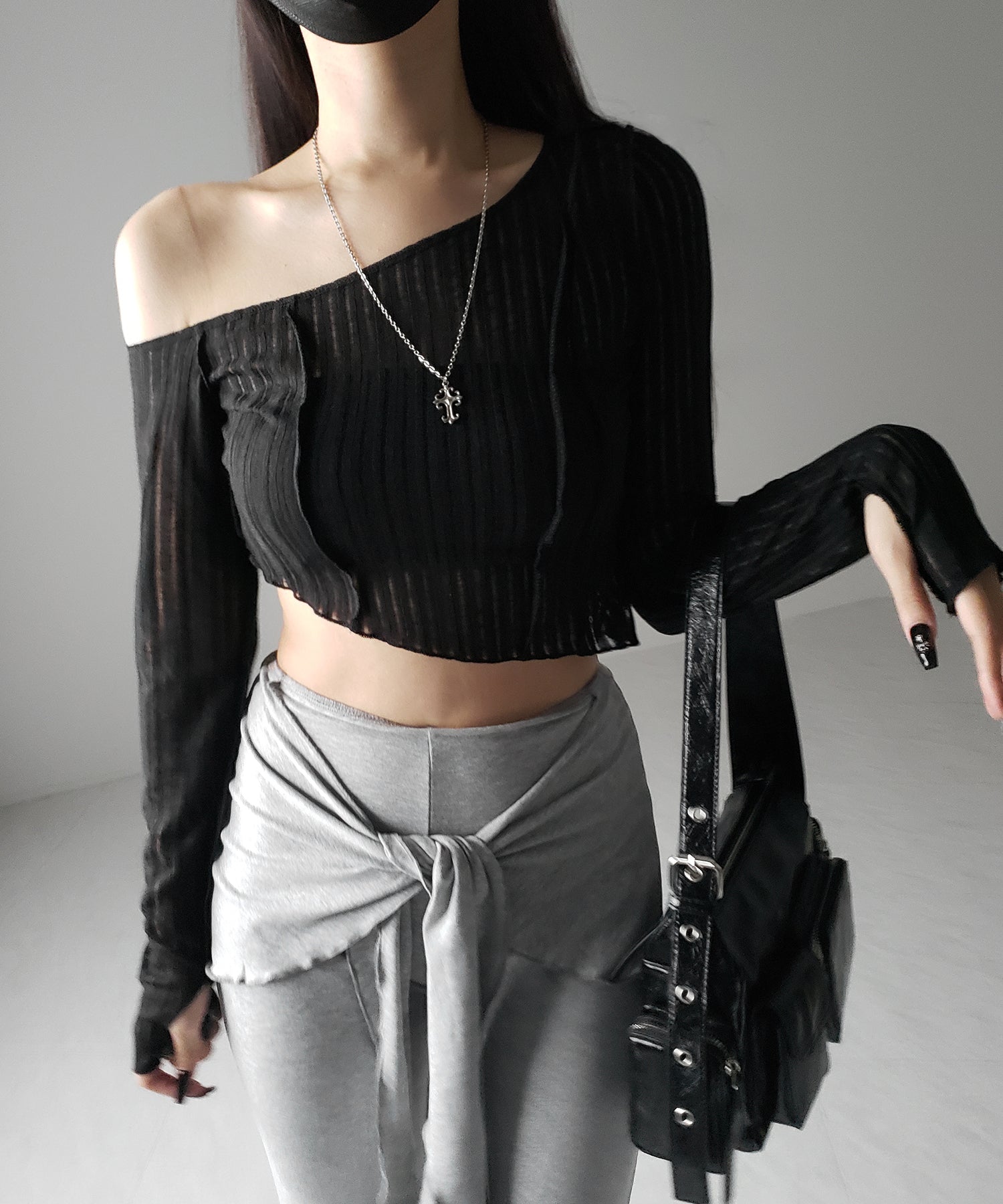 アウトステッチワンショルシアーリブカットソートップス / outstitch one shoulder sheer rib cutsew tops