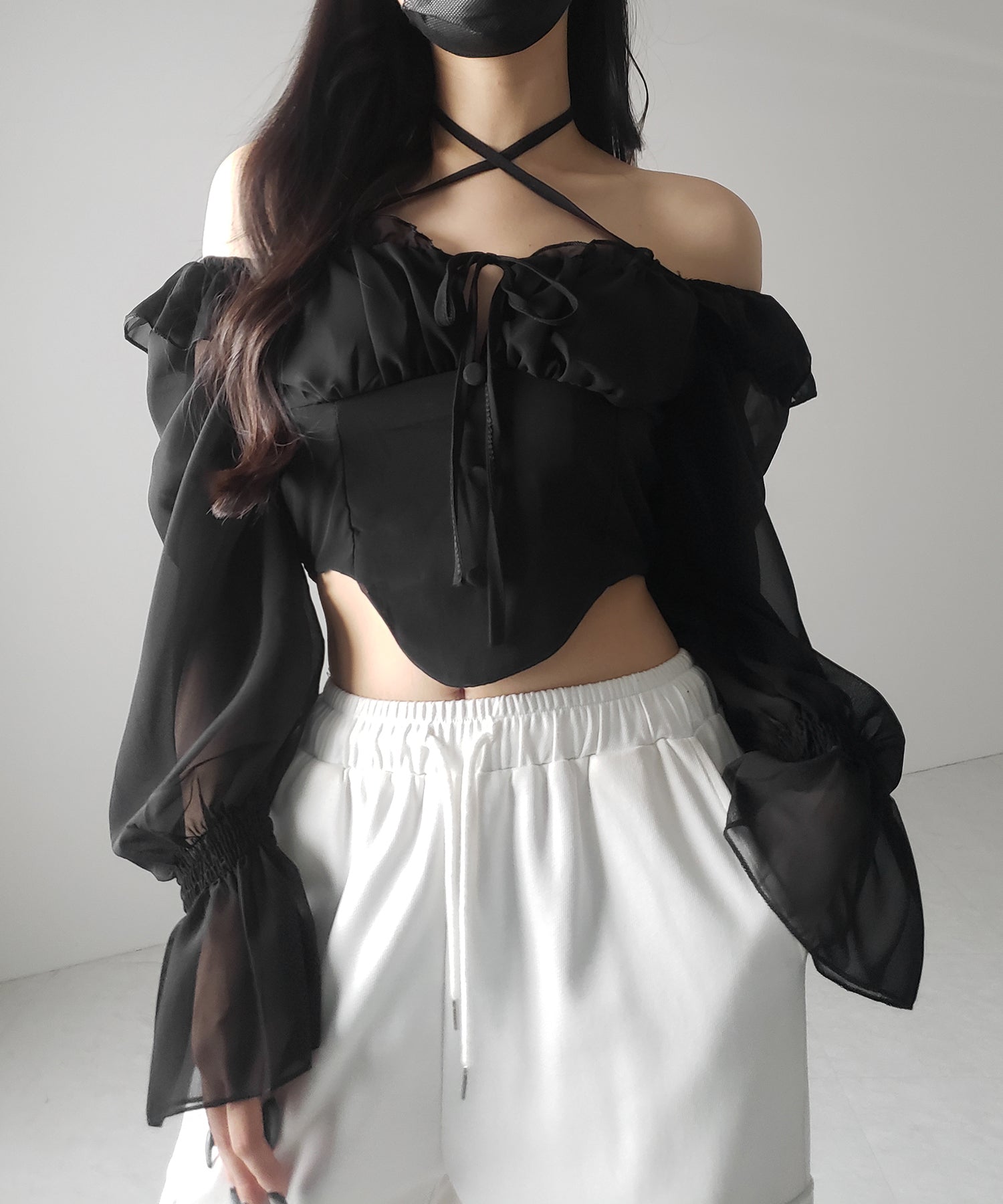 【 2WAY 】フロントリボンクロスネックオフショルシフォンブラウス / front ribbon cross neck off-shoulder chiffon blouse