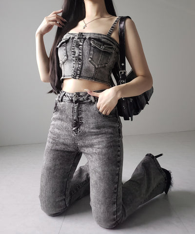 【 セットアップ 】ヴィンテージライクデニムビスチェ + ストレッチフレアデニム SET / 【 SET UP 】 vintage like denim bustier + stretch flare denim