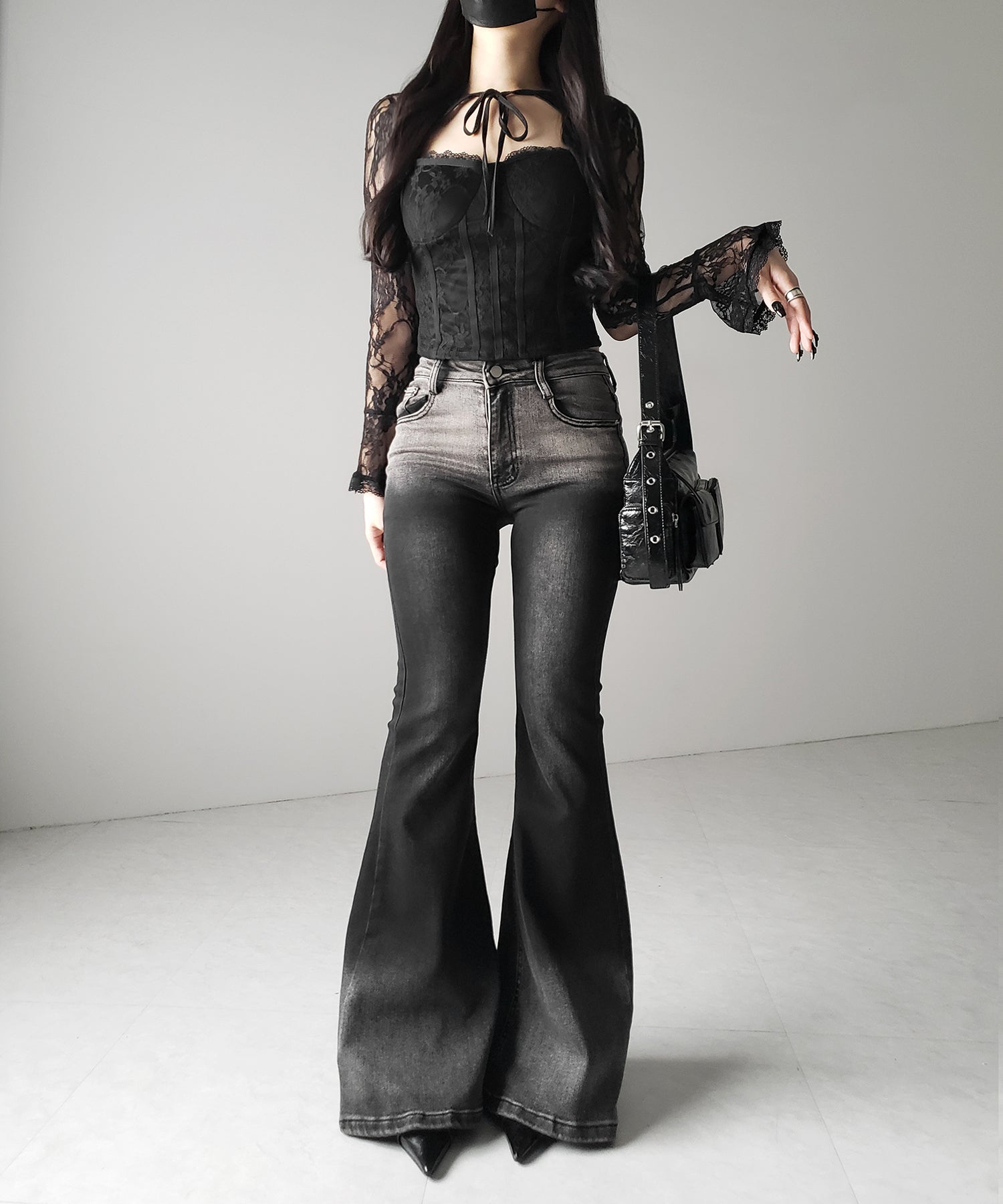 【 2color 】チョーカーネックリボンコルセットレーストップス / choker neck ribbon corset lace tops