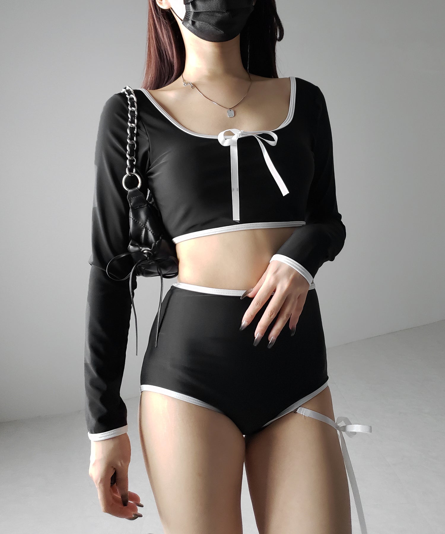 【 レディース水着/2点セット 】フロントリボンモノトーンハイウエストビキニ / front ribbon monotone high waist bikini