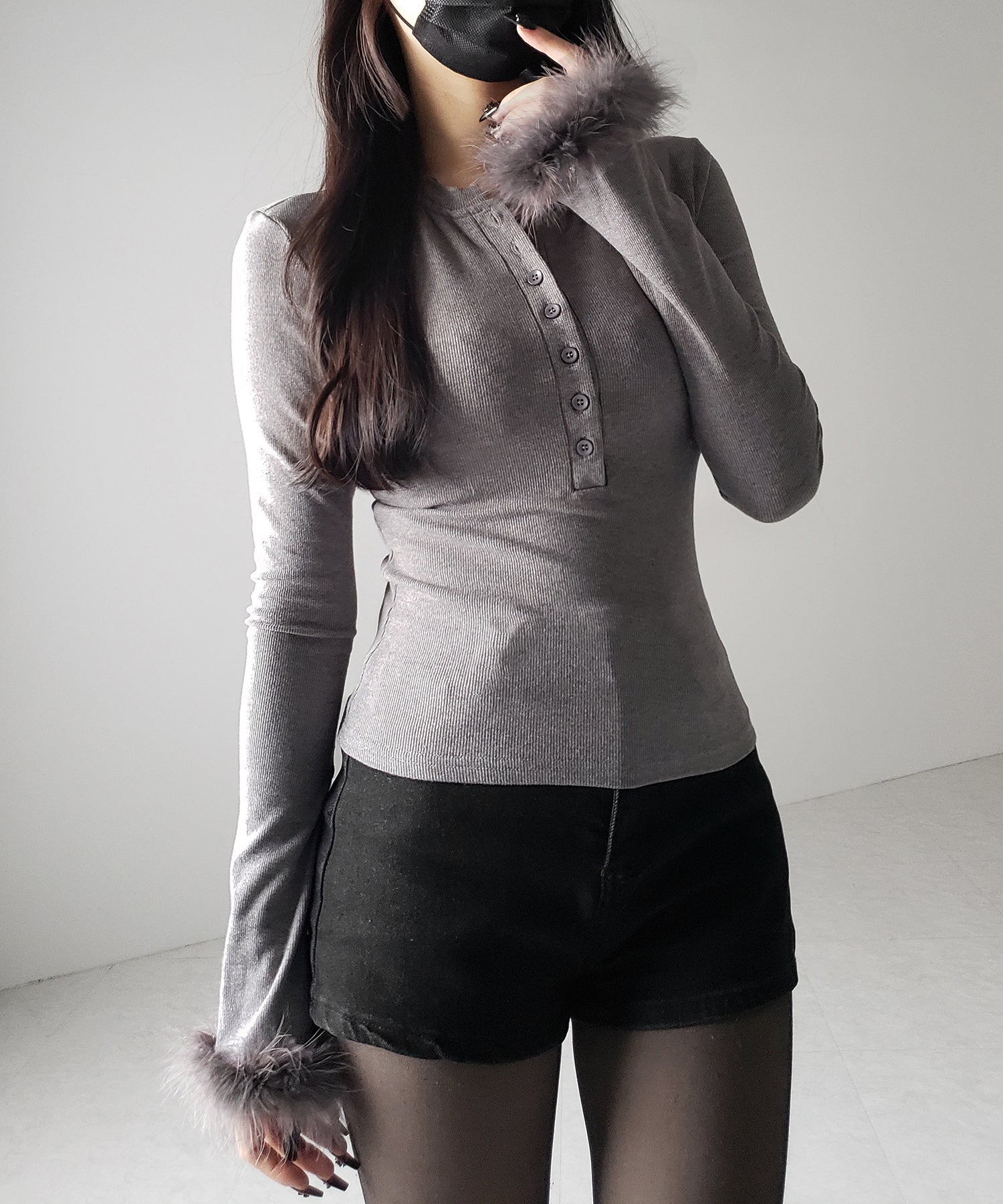 【 2color 】ファースリーブヘンリーネックリブトップス / fur sleeve henley neck lib tops