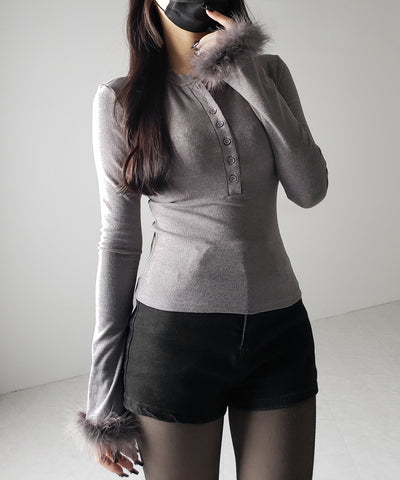 【 2color 】ファースリーブヘンリーネックリブトップス / fur sleeve henley neck lib tops