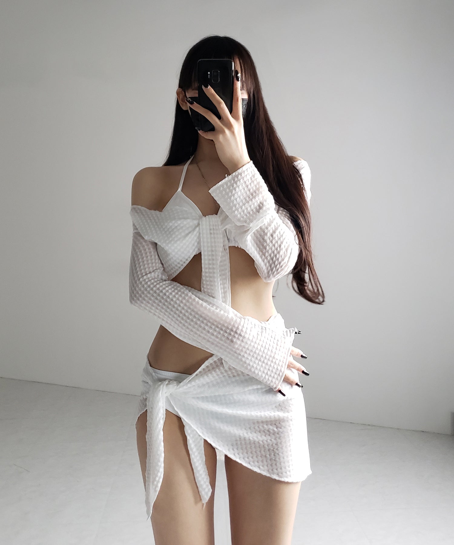 【 レディース水着/4点セット 】アシンメトリーラップレイヤードパレオハイウエストビキニ / ( 4piece set ) asymmetrical wrap layered pareo high waist bikini