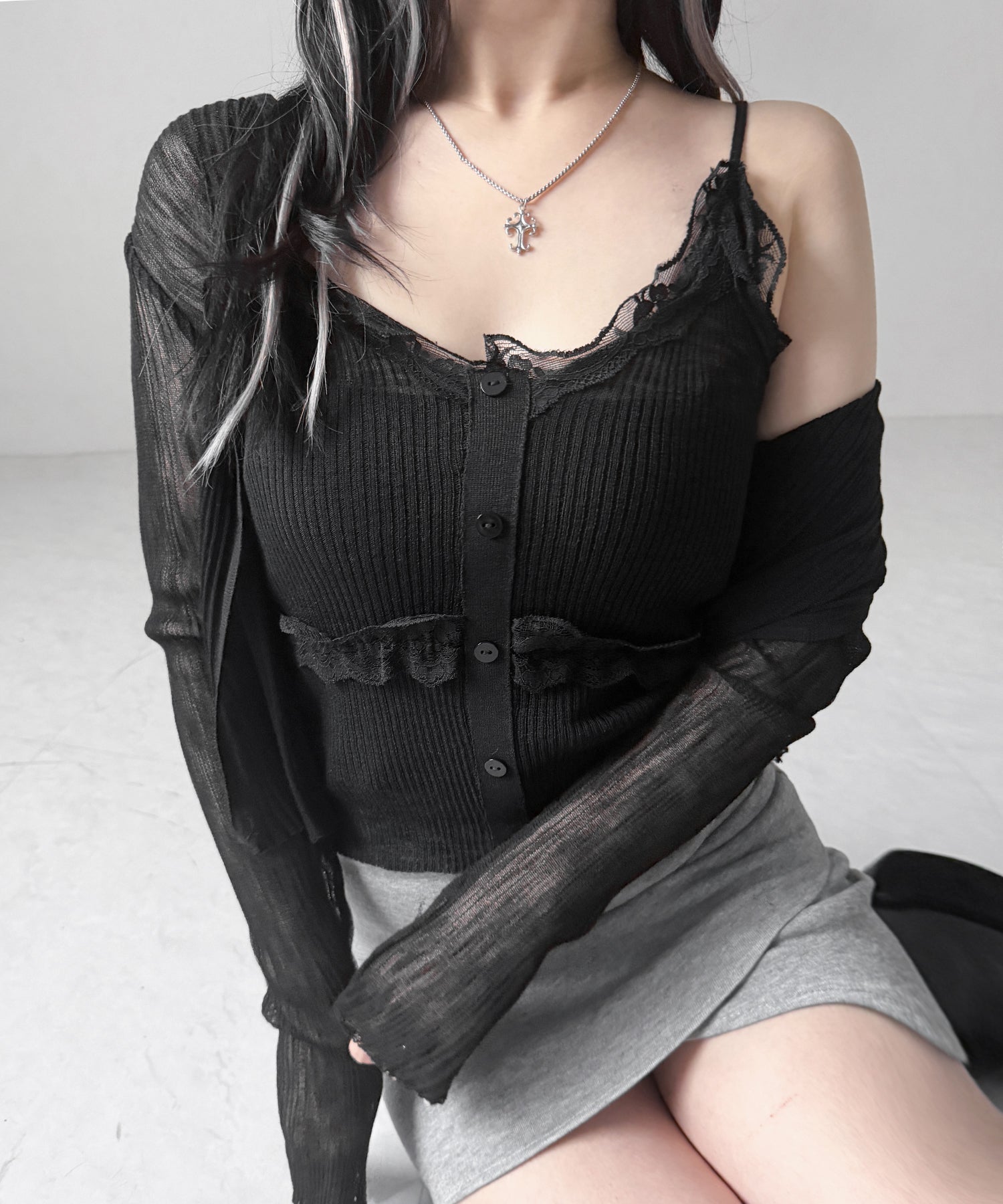 【 2点セット 】フロントレースシアーニットキャミソール +カーディガン SET / front lace sheer knit camisole + cardigan set