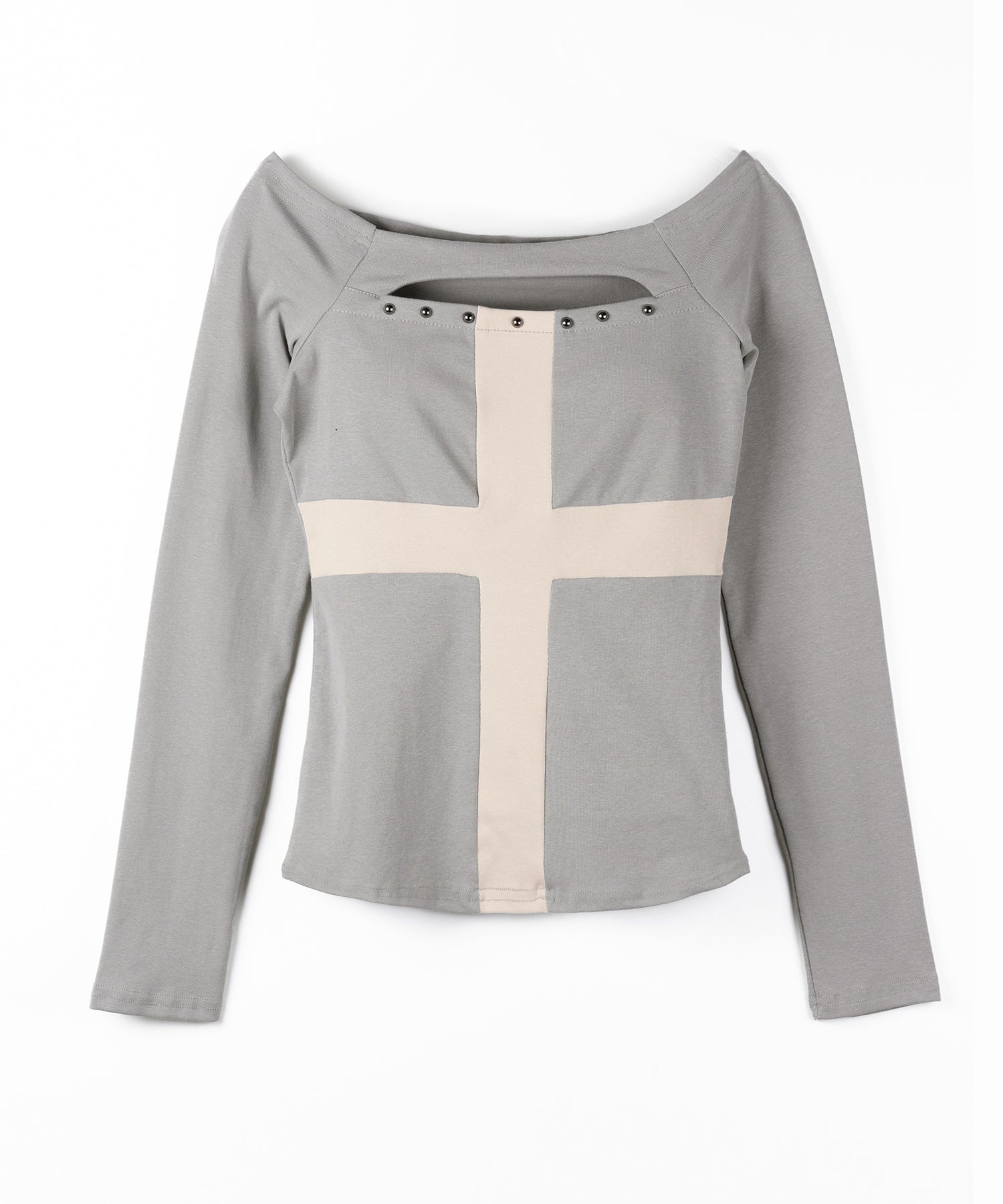 十字架クロスデザインカットアウトオフショルスリムトップス / cross design cutout offshoulder slim tops