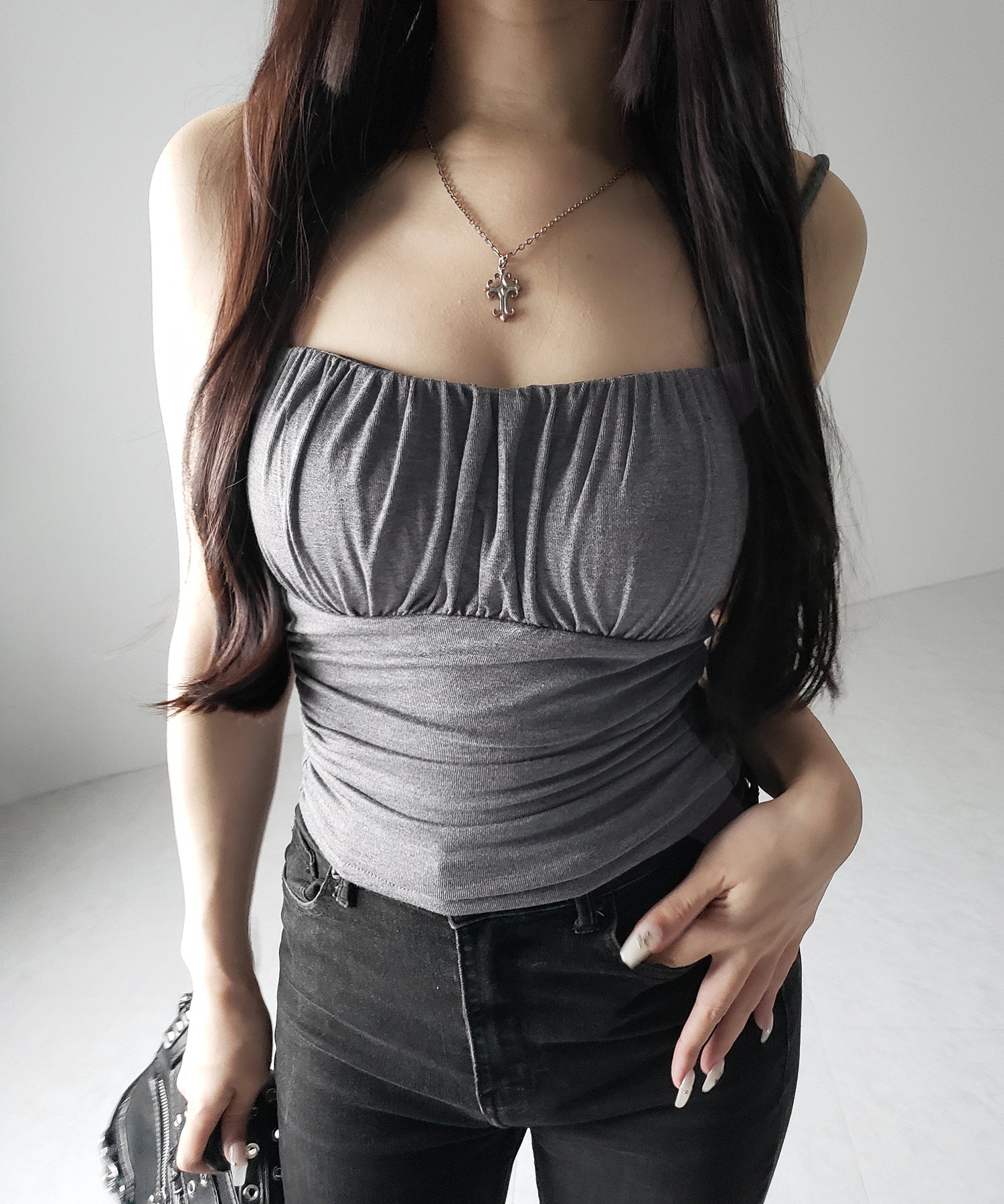 【 3color / カップ付き 】シャーリングギャザードレープキャミソール /shirring gather drape camisole