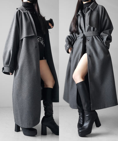 【 ウエストマークベルトSET 】2WAY ステンカラーレディメルトンロングコート / 2WAY soutien collar lady melton long coat