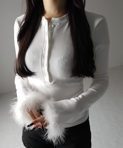 【 2color 】ファースリーブヘンリーネックリブトップス / fur sleeve henley neck lib tops