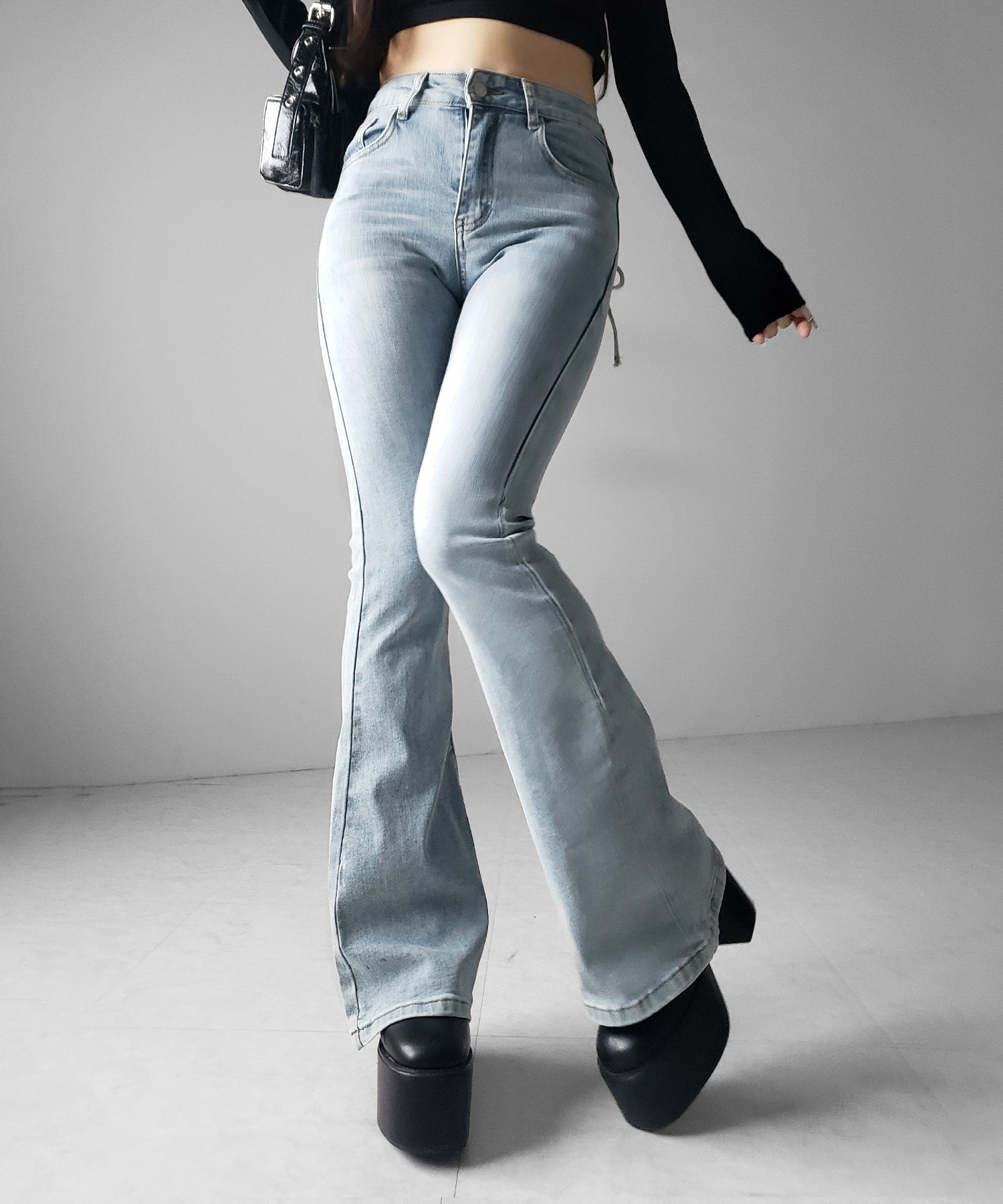 【4size 】バックリボンレースアップ美脚ストレッチフレアデニム / back ribbon lace up slim leg stretch flare denim