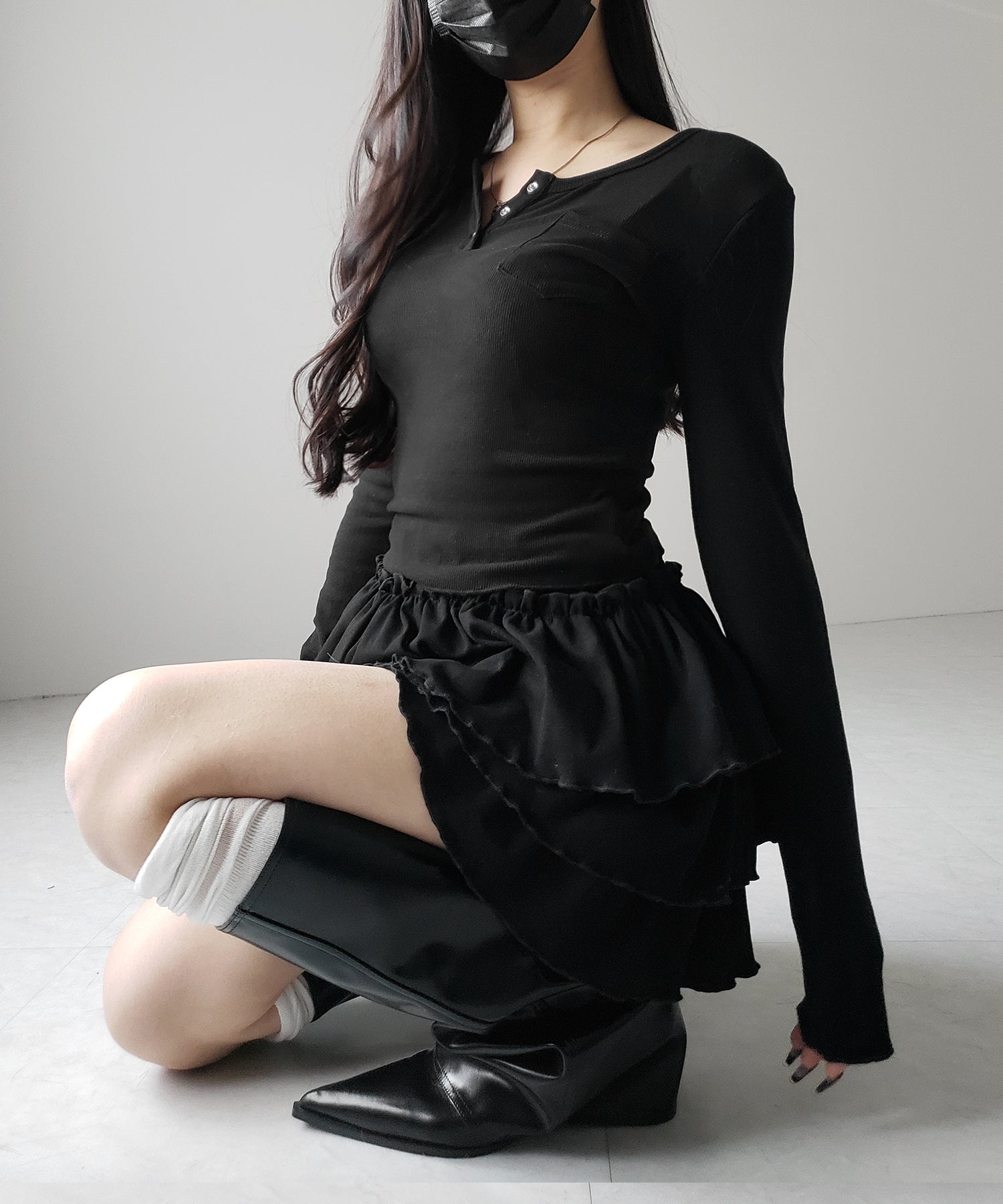 【 新色ピンク追加!4color 】3段フリルカットソーミニスカパン / 3 frill cutsew mini skirt pants