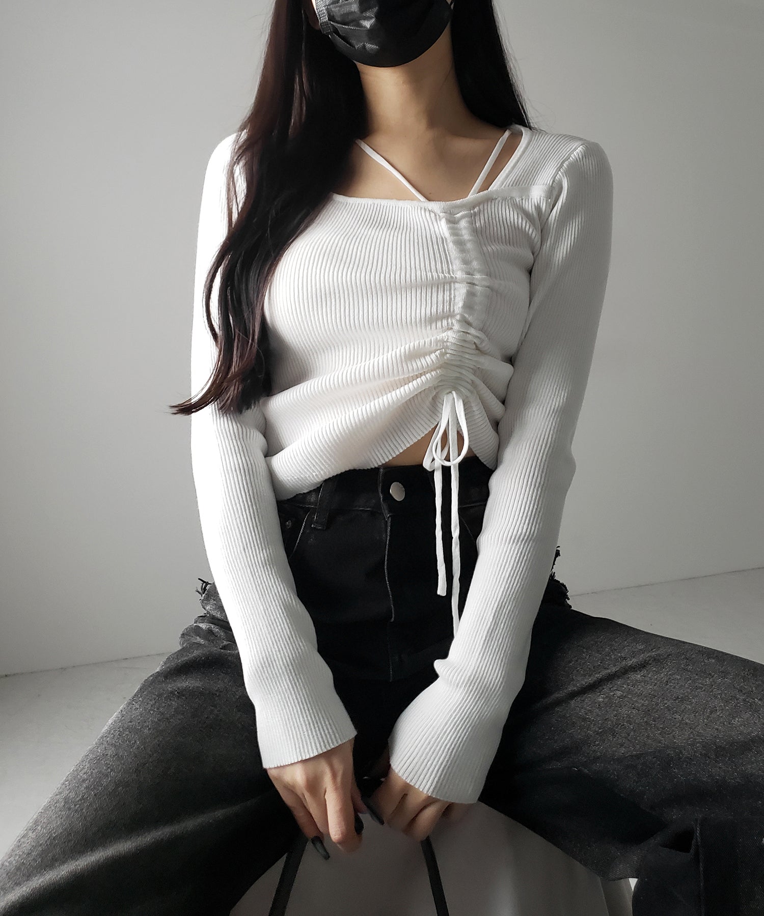 ダブルストラップシャーリングリボンリブニットトップス / double strap shirring ribbon ribbed knit tops