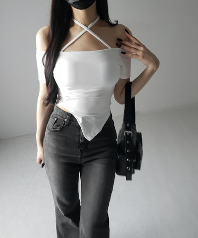 クロスネックアシメギャザーオフショルTシャツ / cross neck asymmetry gather off shoulder T-shirt