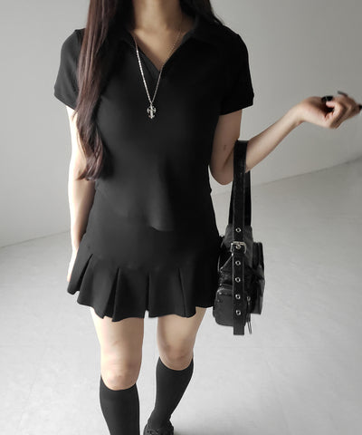 【 2点セット 】スキッパーネック半袖Tシャツ & プリーツミニスカート ワンホンセットアップ / skipper neck short sleeve T-shirt & pleated mini skirt wanghong setup