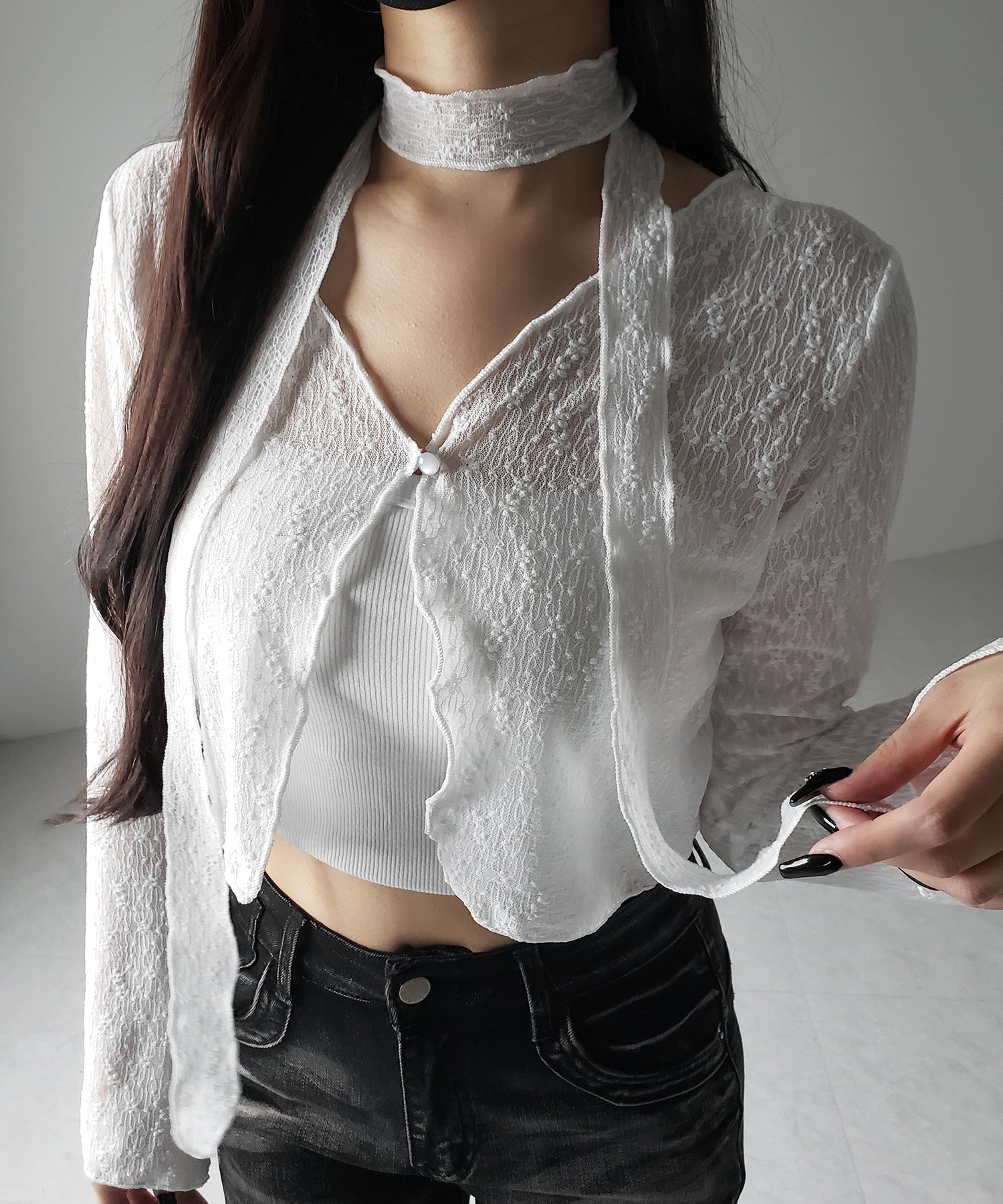 【 2color / 2WAY 】チョーカーロングタイ付きショートシアーカーディガン / choker long tie set short sheer cardigan
