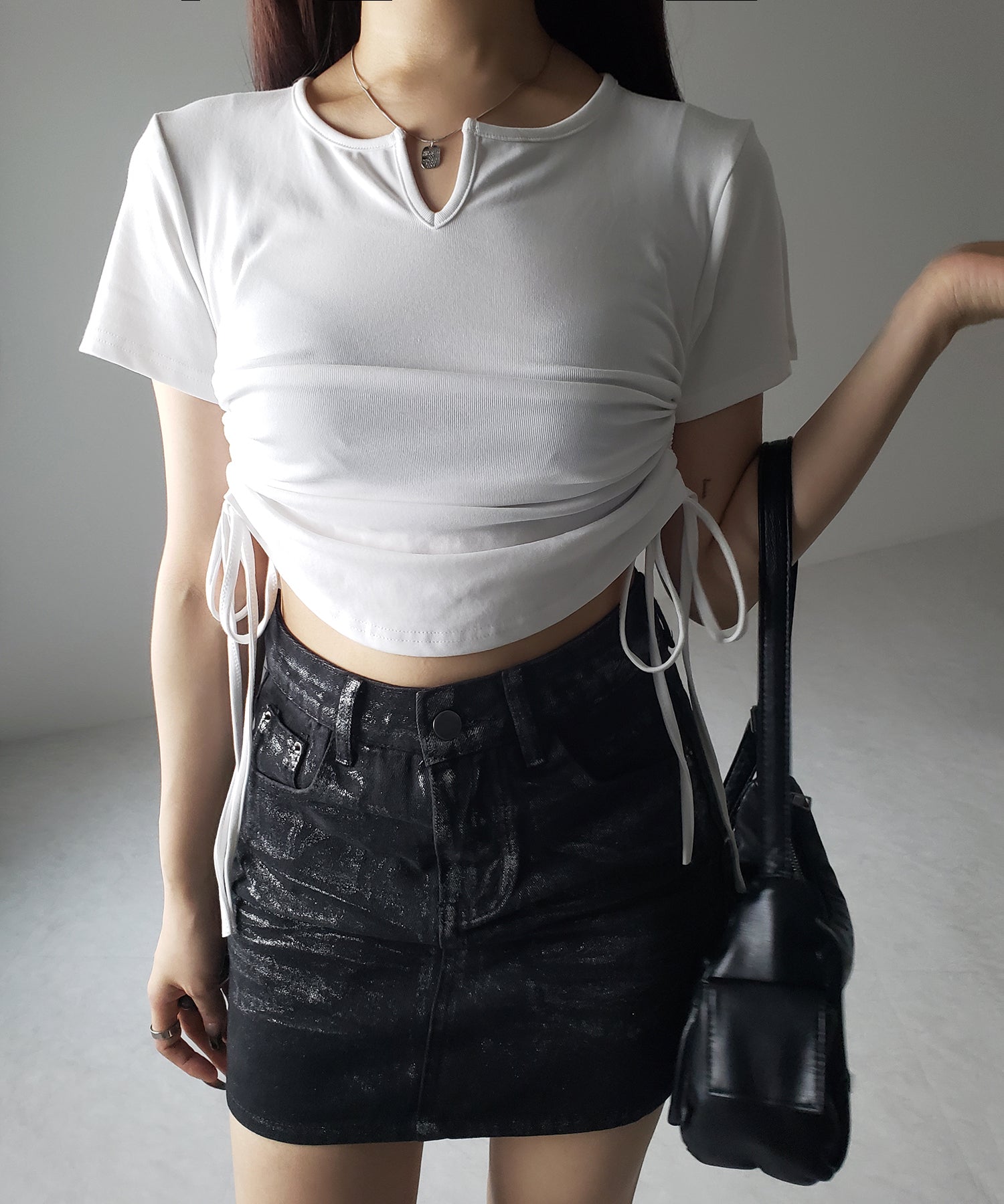 【 2color 】サイドシャーリングリボン半袖ショートTシャツ / side shirring ribbon short Tee