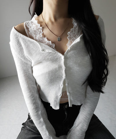 【 2点セット 】レイヤードレースシアーリブカットソーカーディガン / layered lace sheer rib cut and sew cardigan