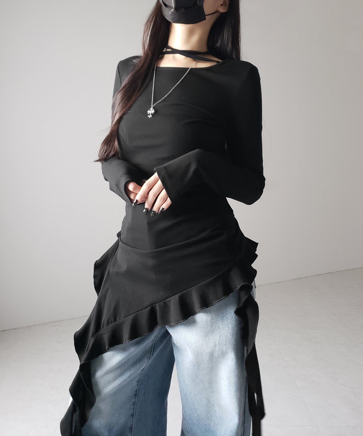 【 3color 】クロスチョーカーアシンメトリーラッフルフリルトップス / cross choker asymmetry ruffle frill tops