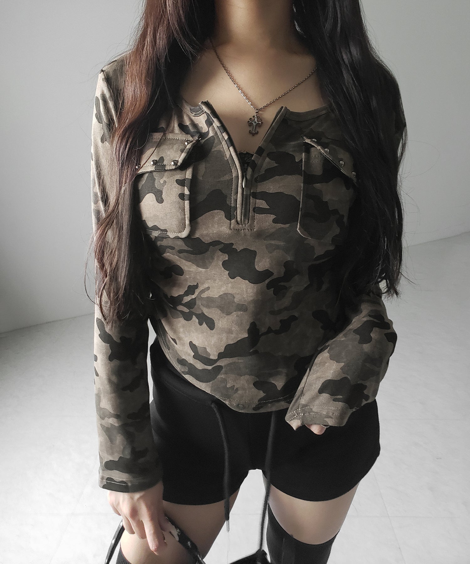 ヴィンテージカモフラアウトポケットジップロンT / vintage camouflage out pocket zip longsleeve T-shirt
